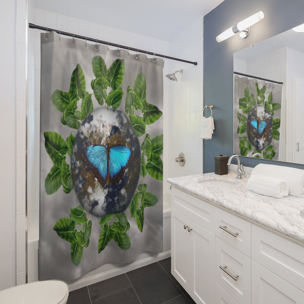 Nature Earth Shower Curtain & Earth Facts — Blue Butterfly & Green Leaves Bathroom Decor
