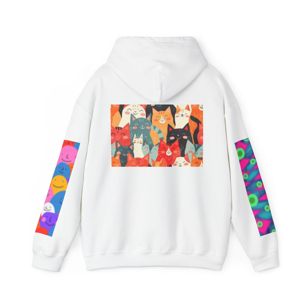 Cat Graphic Hoodie - Retro Sunglasses Cat Front & Colorful Cat Pattern Back Sweatshirt