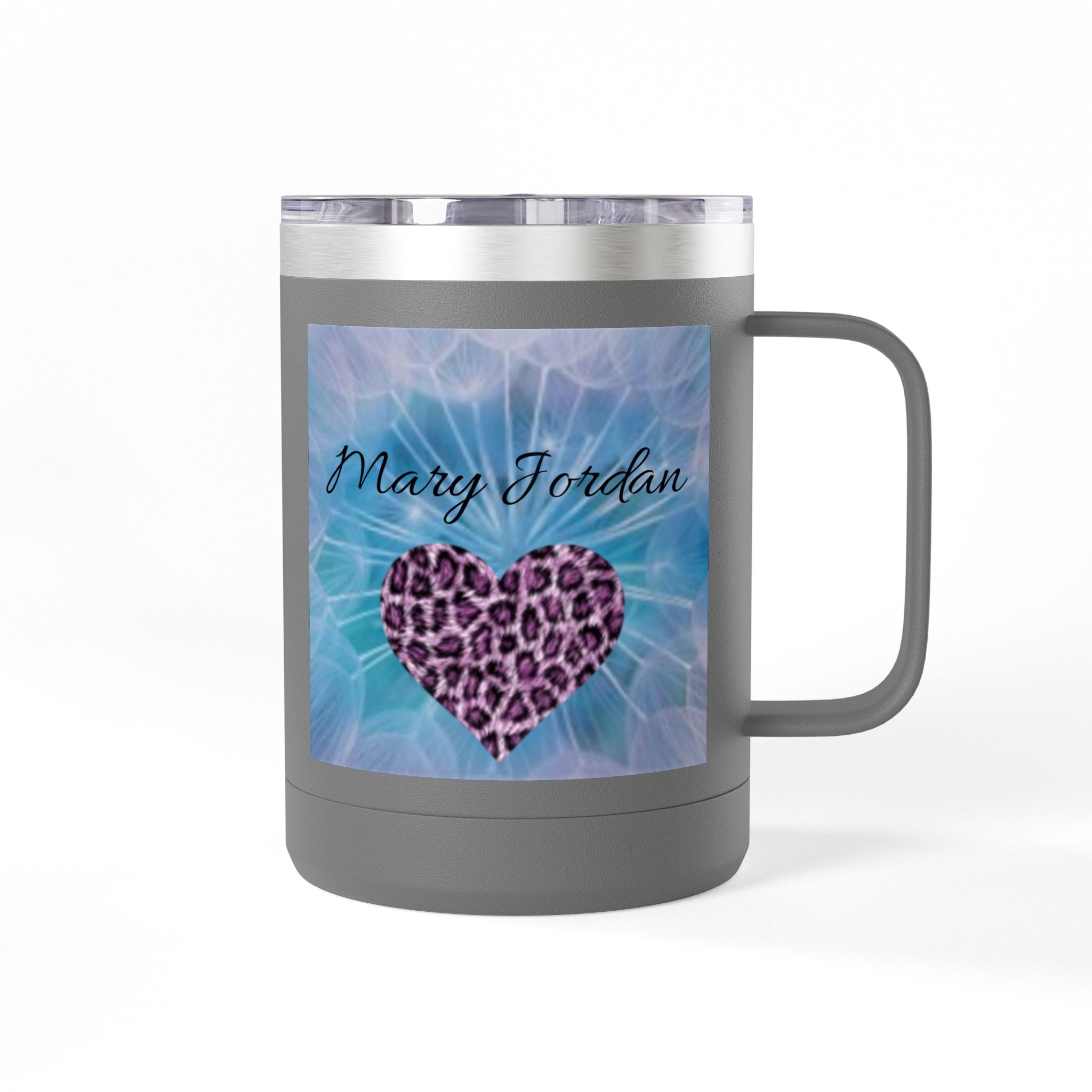 Mary Jordan Custom 15oz Travel Mug Tumbler — Personalized 'Enter text' Blue Floral Design & Heart