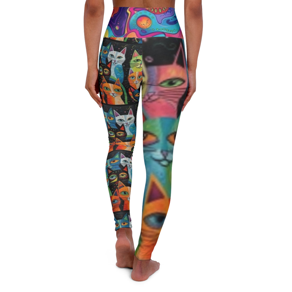 High-Waisted Cat Print Female Yoga Leggings — Colorful Whimsical Cats