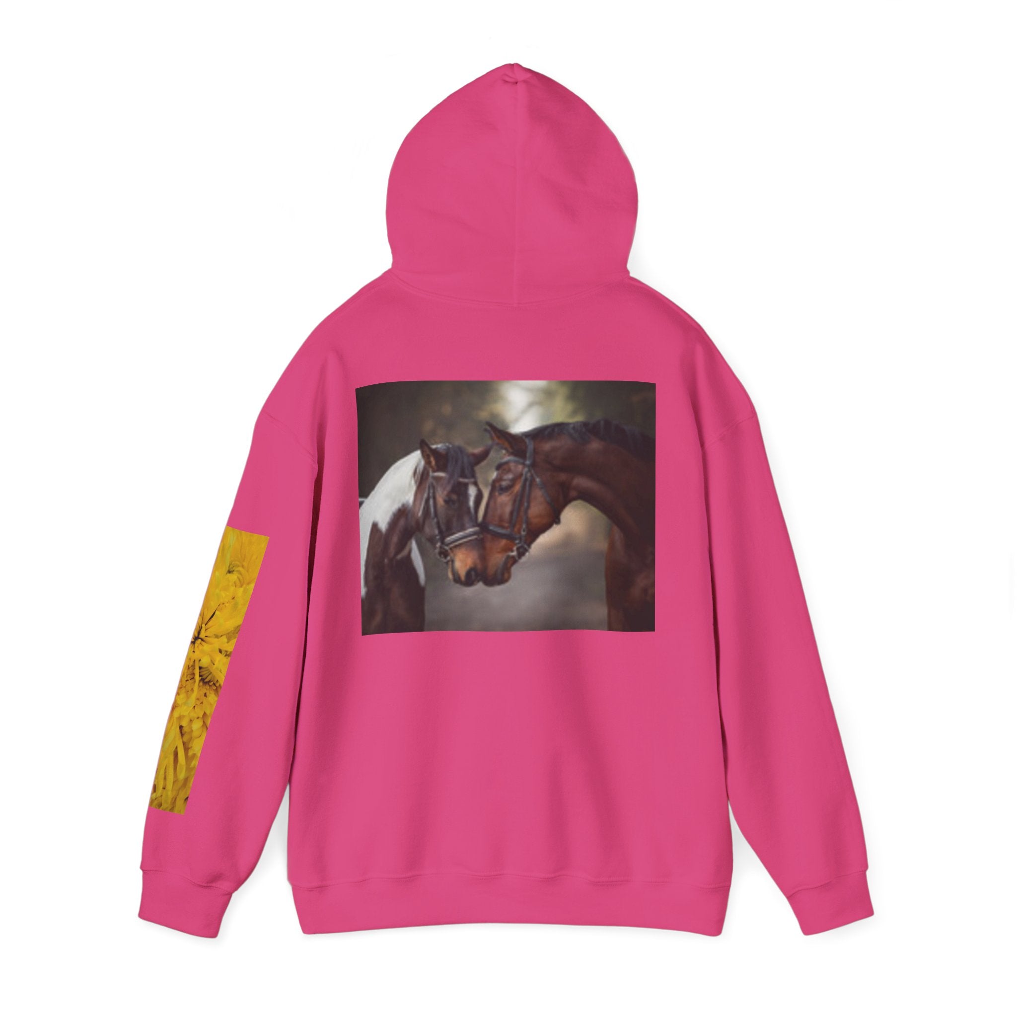 Sunrise Meadow & Horse Graphic Hoodie — Scenic Sunset Landscape and Saddled Horse Print