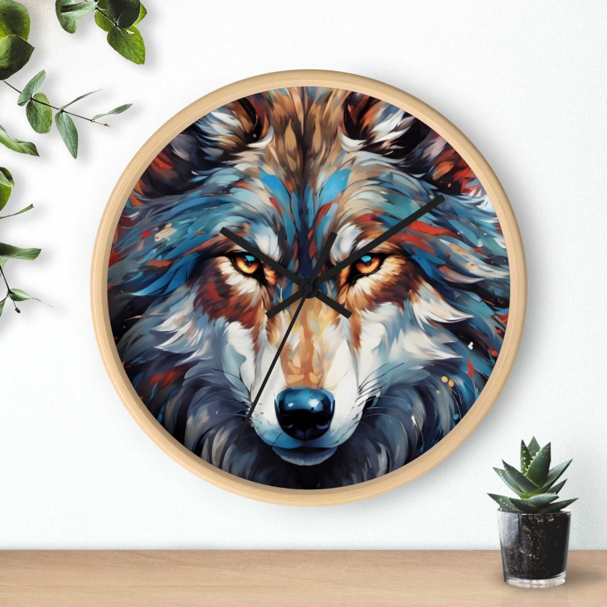 Wolf Face Wall Clock — Colorful Tribal Art Home Decor