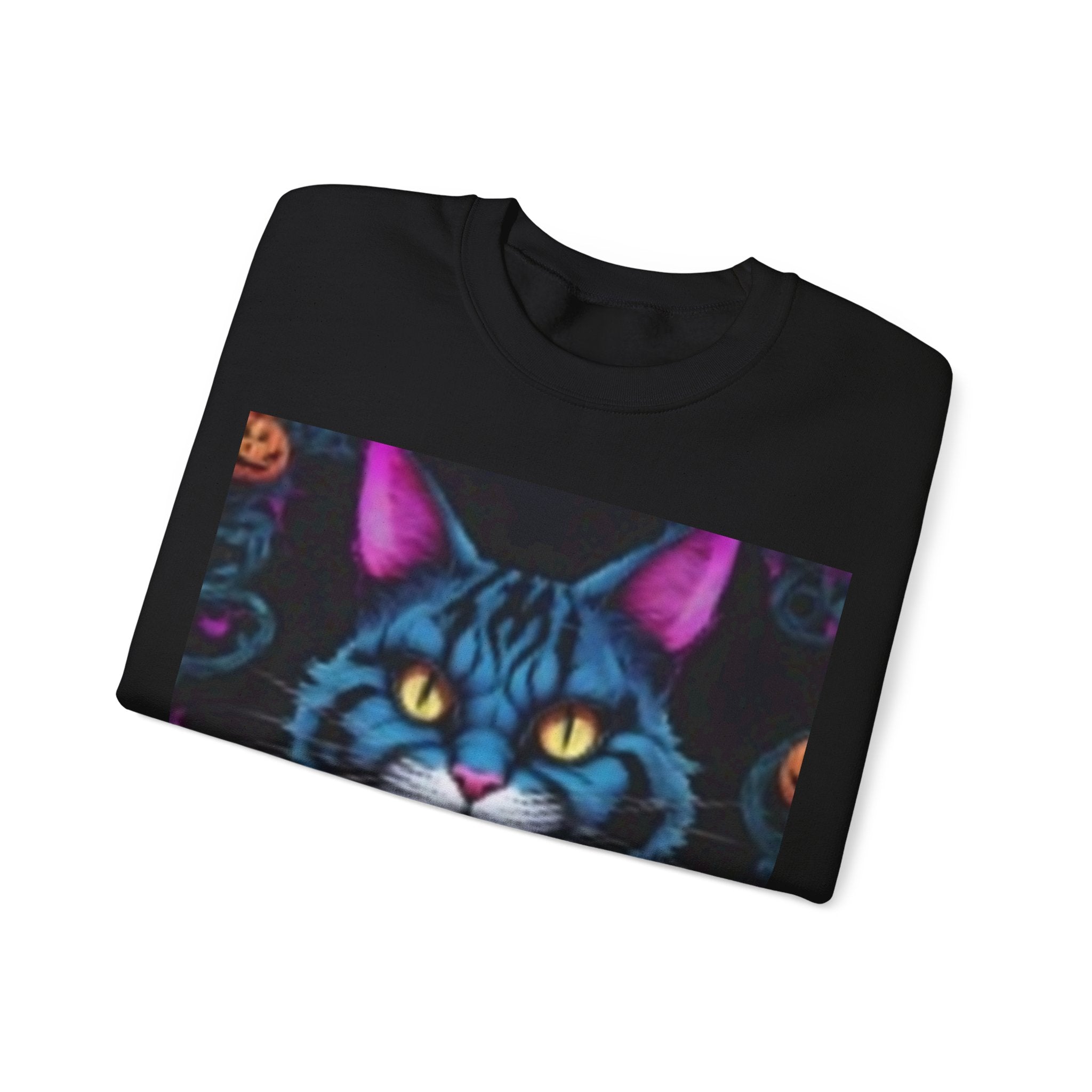 Halloween Cat Crewneck Sweatshirt — Mystical Blue Tabby with Pumpkins