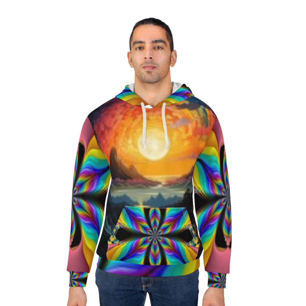 Psychedelic Sunset Hoodie — Rainbow Kaleidoscope All-Over Print Pullover