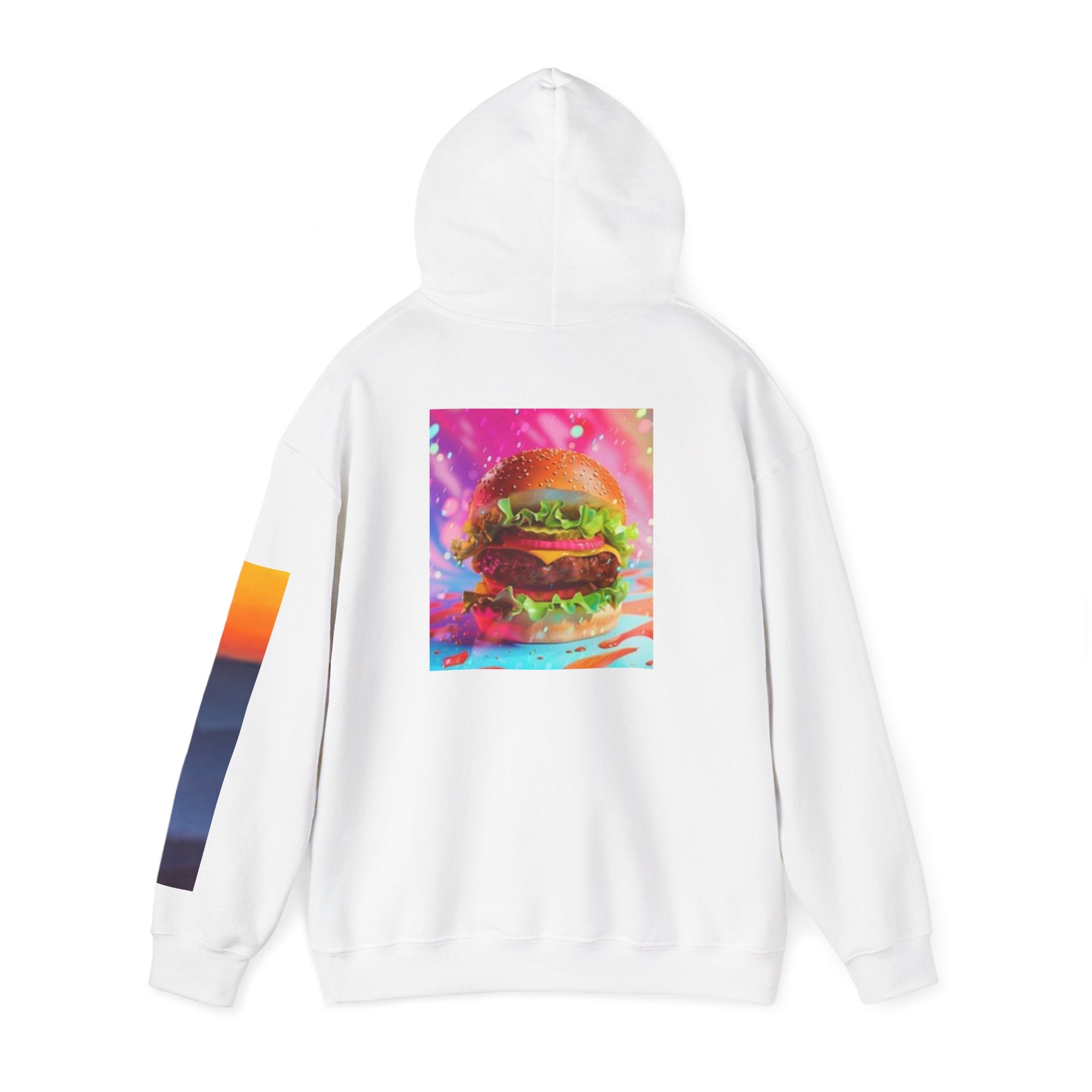 Cosmic Burger Hoodie — Retro Neon Cheeseburger Graphic Pullover