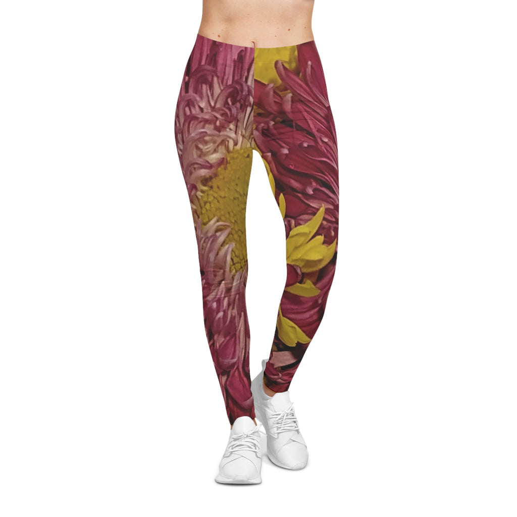 Floral Split-Print Women's Leggings — Bold Maroon & Mustard Chrysanthemum Design