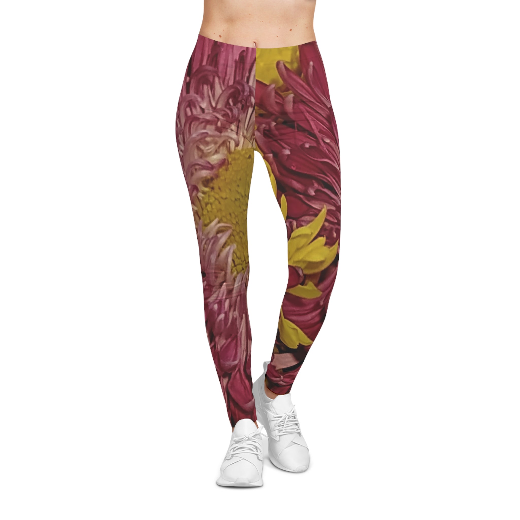 Floral Split-Print Women's Leggings — Bold Maroon & Mustard Chrysanthemum Design