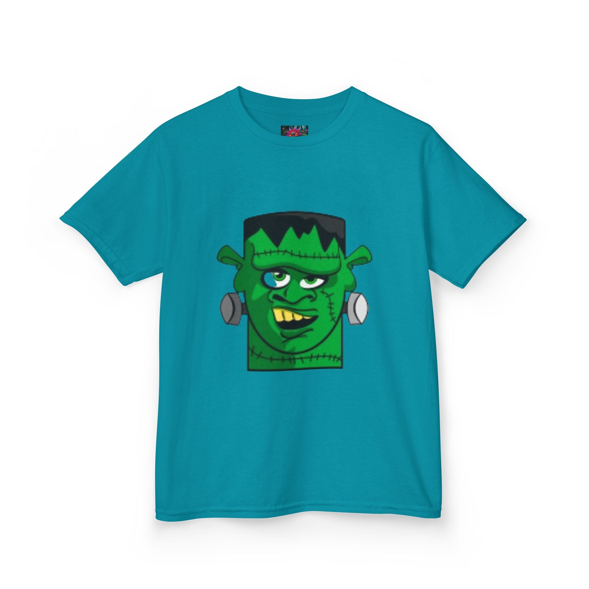 Kids T-shirt— Cute Frankenstein Face Front & Enchanted Forest Back
