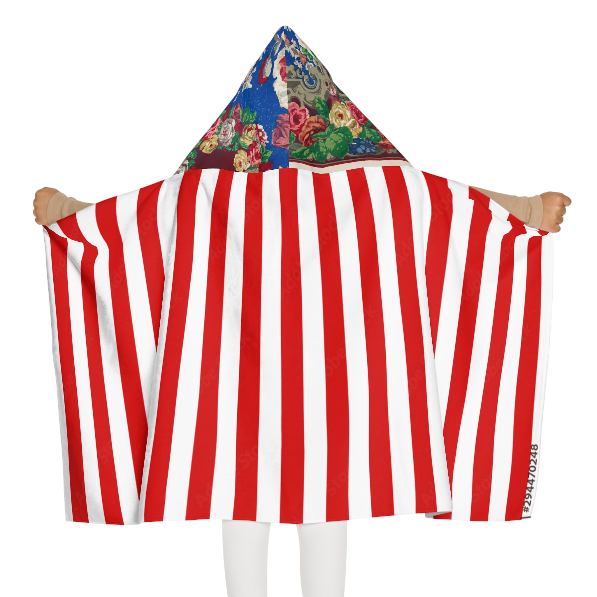 Kids Hooded Beach Towel — Red Candy Stripe with Floral Hood