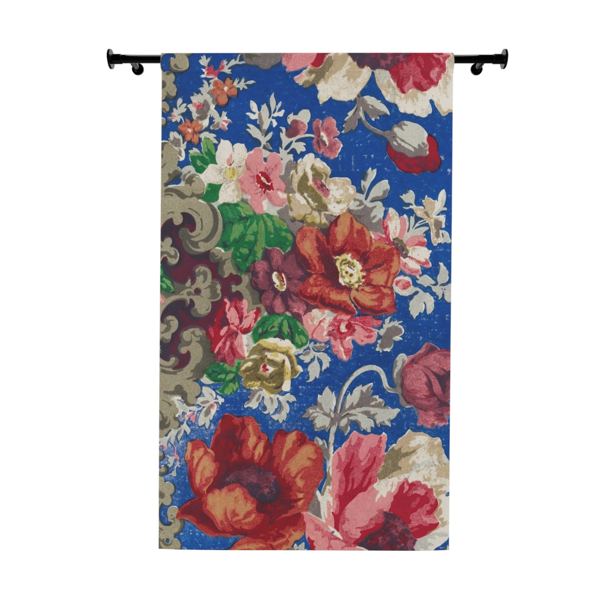 Floral Vintage Blue Curtain Panel — Bold Rose Print Window Drapery