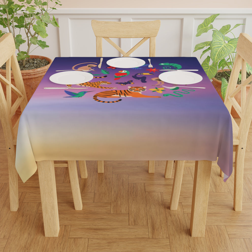 Jungle Sunset Tablecloth — Colorful Tropical Animals Centerpiece Print