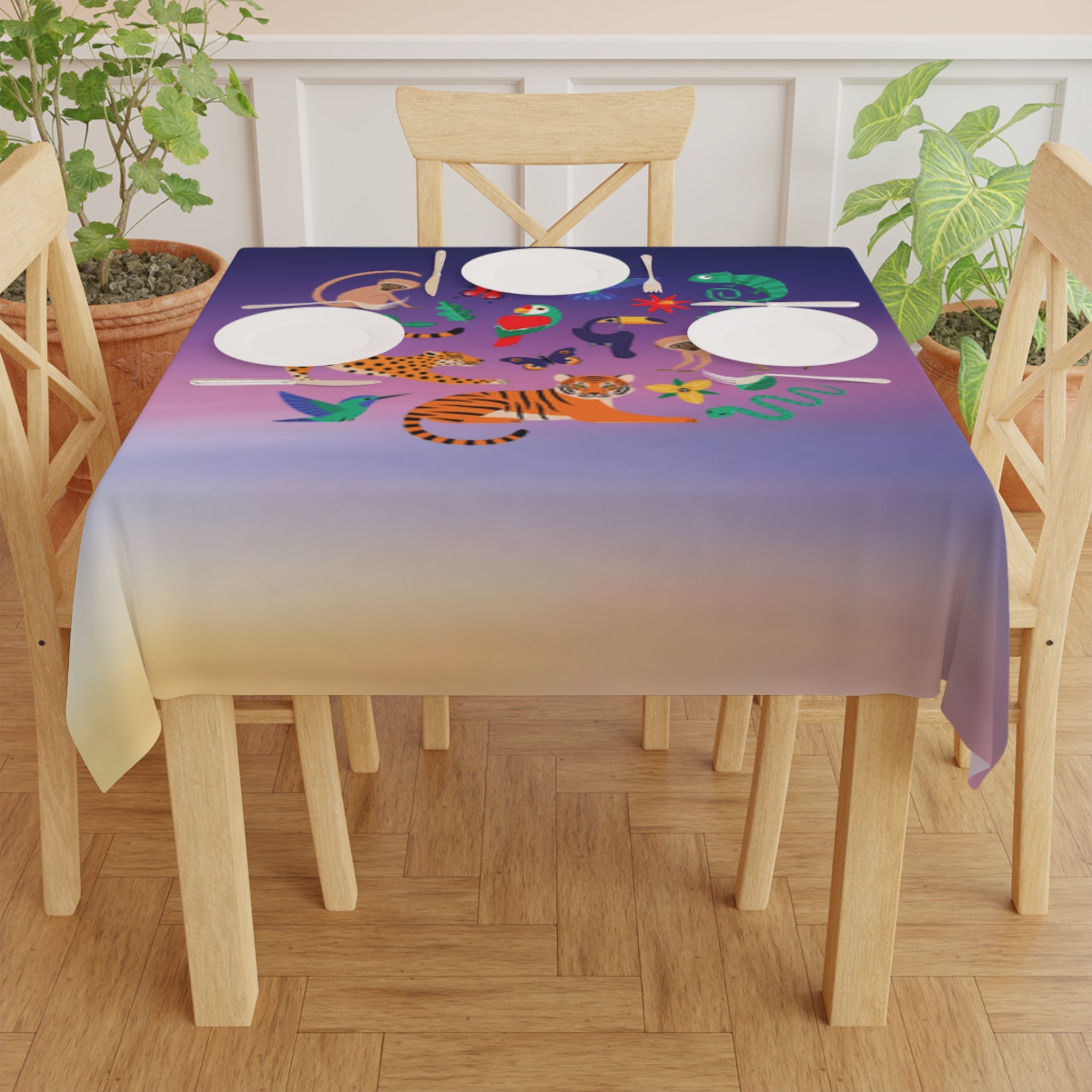 Jungle Sunset Tablecloth — Colorful Tropical Animals Centerpiece Print