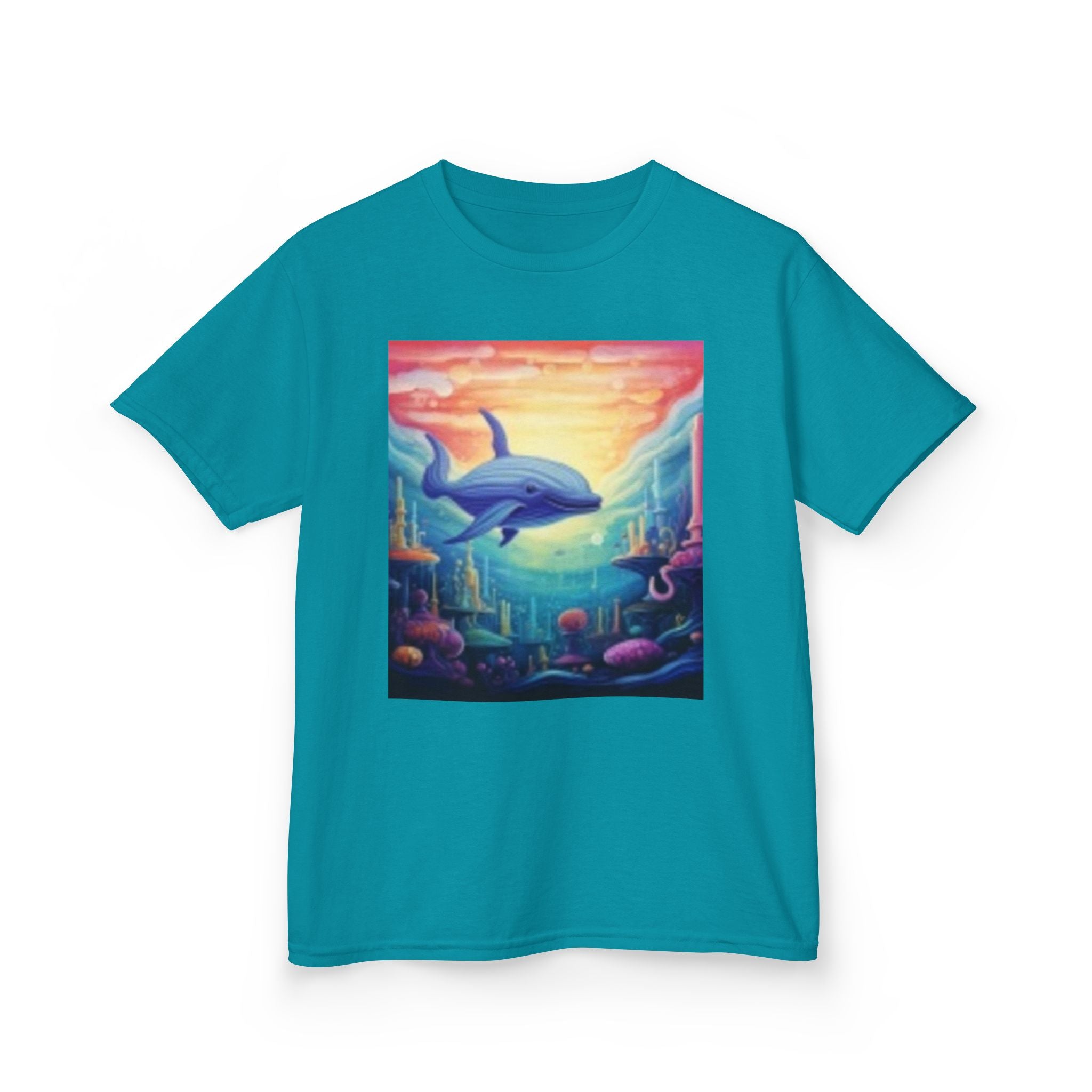 Kids Dolphin Sunset & Shells T-Shirt — Colorful Underwater Ocean Scene