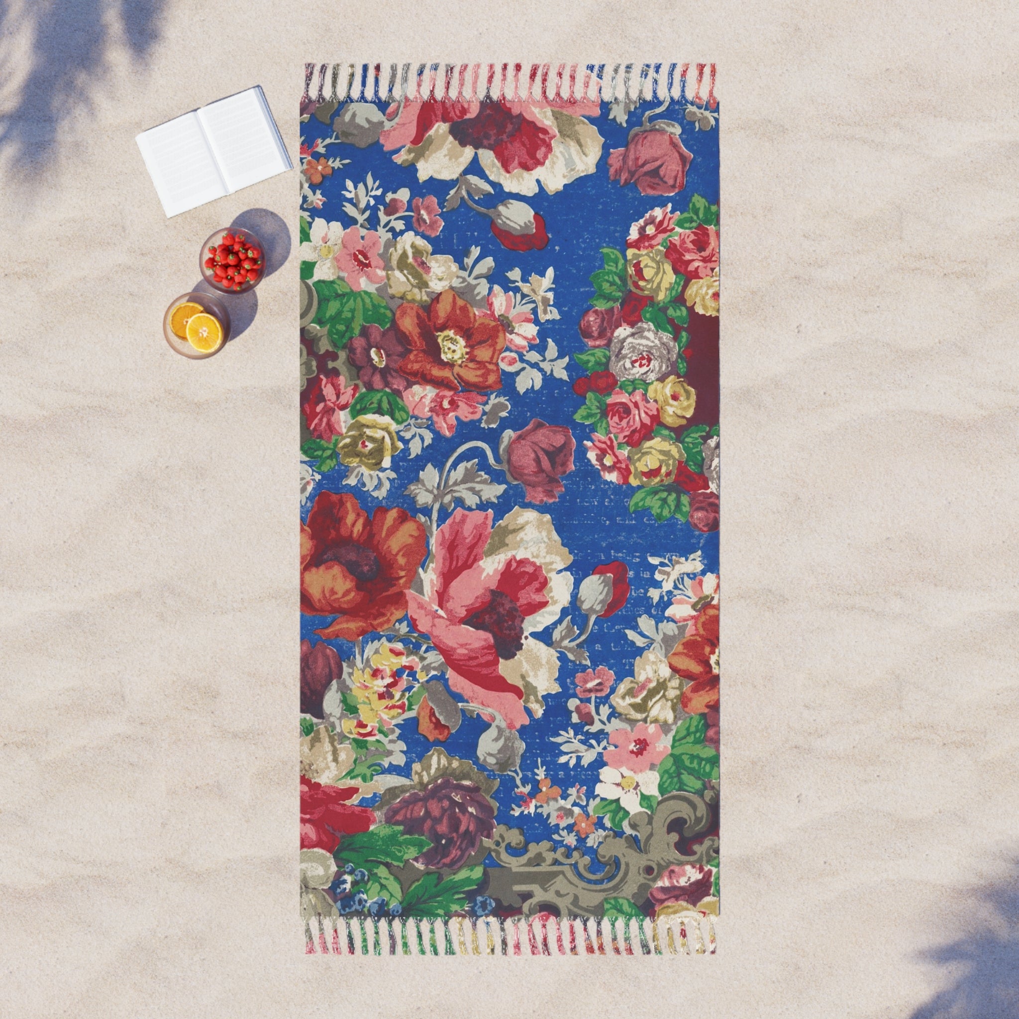 Boho Floral Beach Towel - Vintage Rose Pattern Fringe Throw for Summer, Pool & Travel