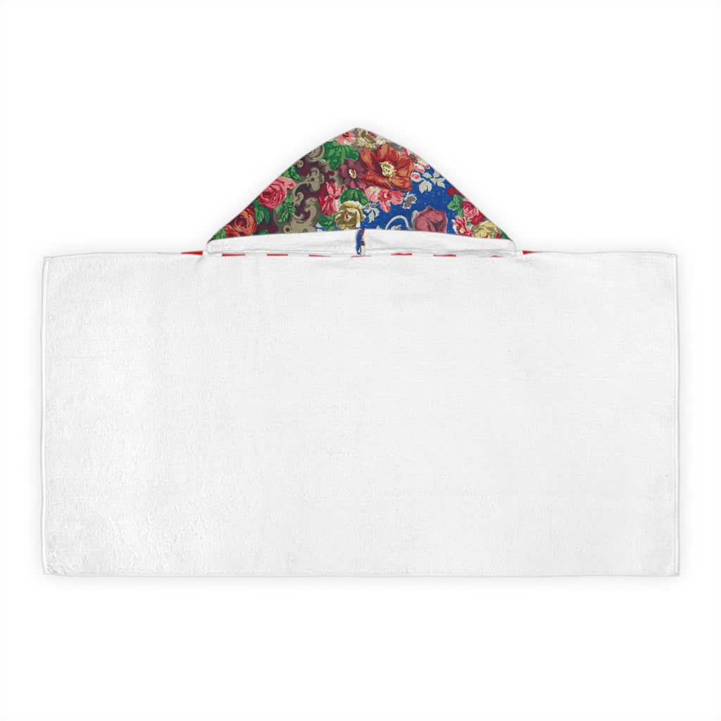 Kids Hooded Beach Towel — Red Candy Stripe with Floral Hood