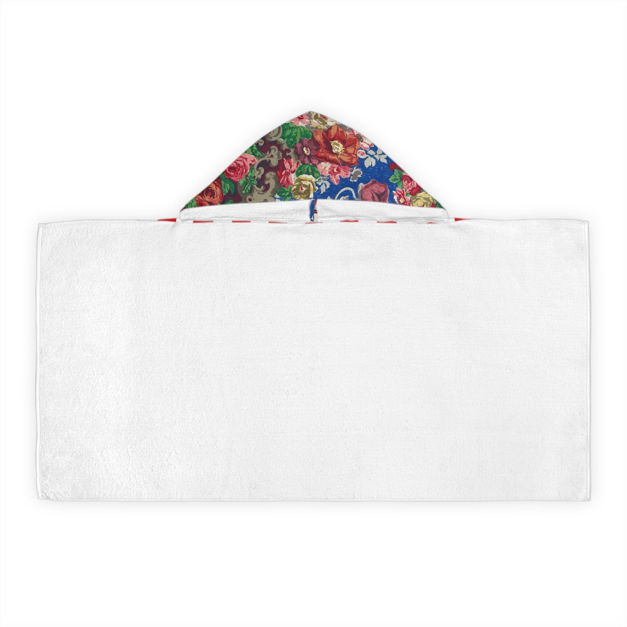 Kids Hooded Beach Towel — Red Candy Stripe with Floral Hood