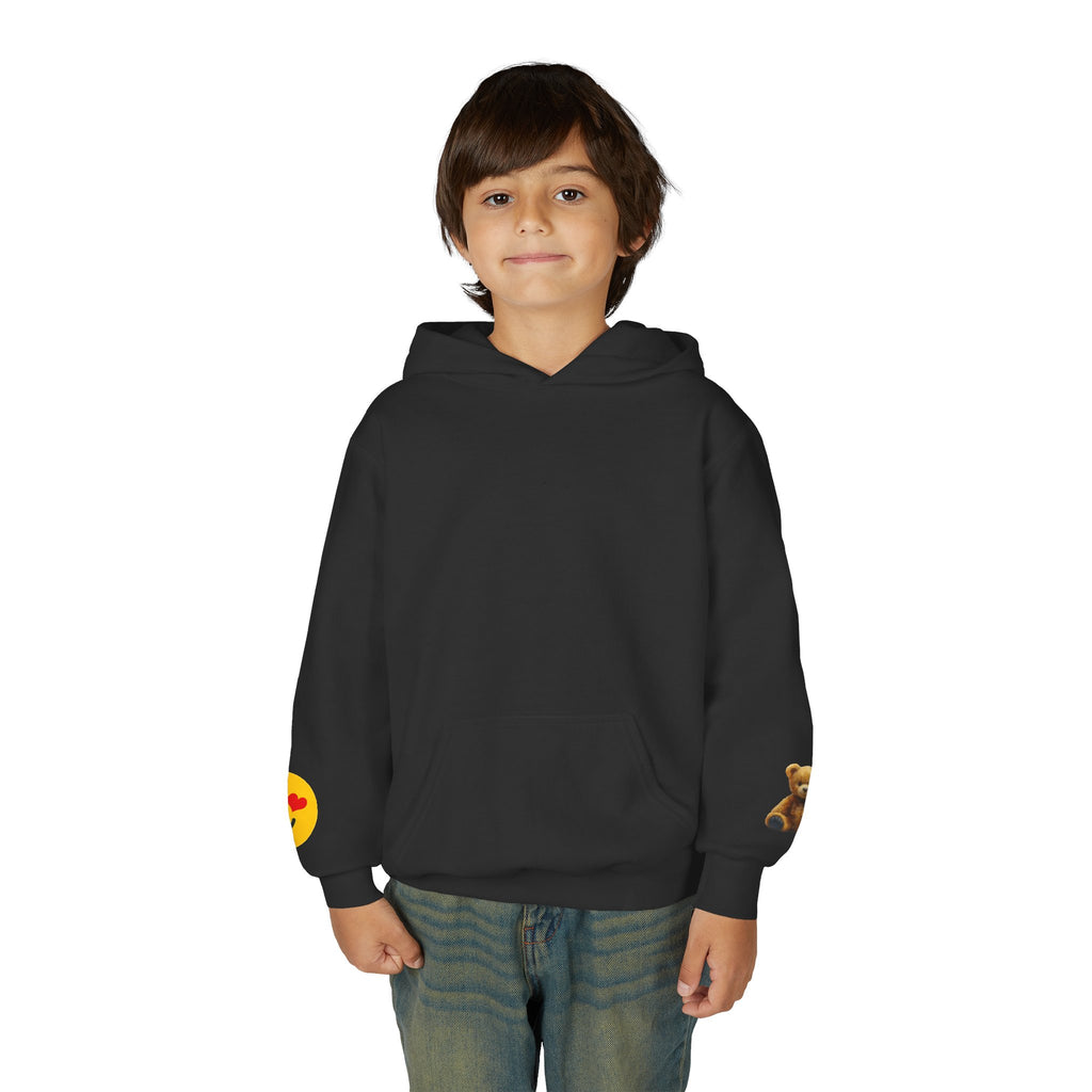 Youth Hoodie with Teddy Bear & Heart-Eyes Emoji Sleeve Accents