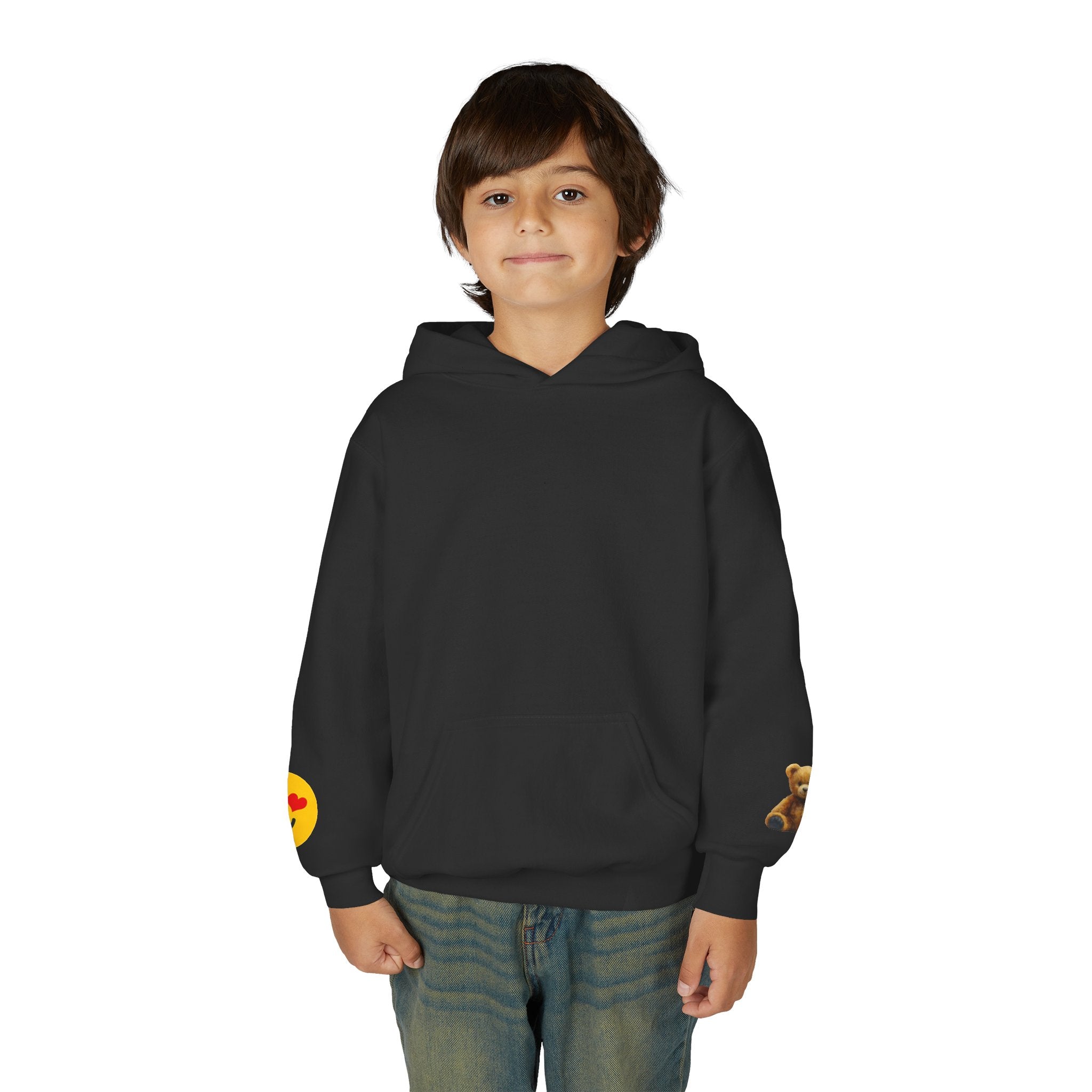 Youth Hoodie with Teddy Bear & Heart-Eyes Emoji Sleeve Accents