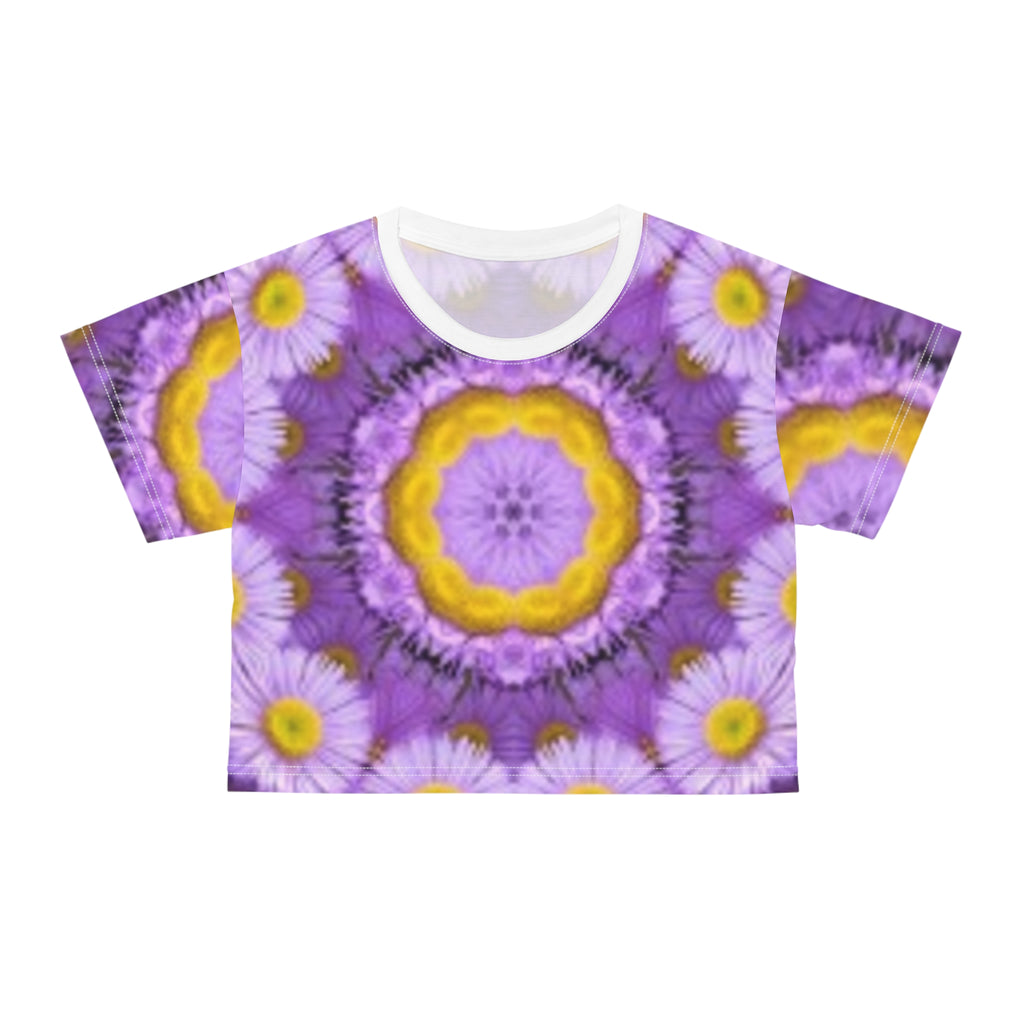 Floral Kaleidoscope Crop T-shirt — Purple Daisy Mandala All-Over Print