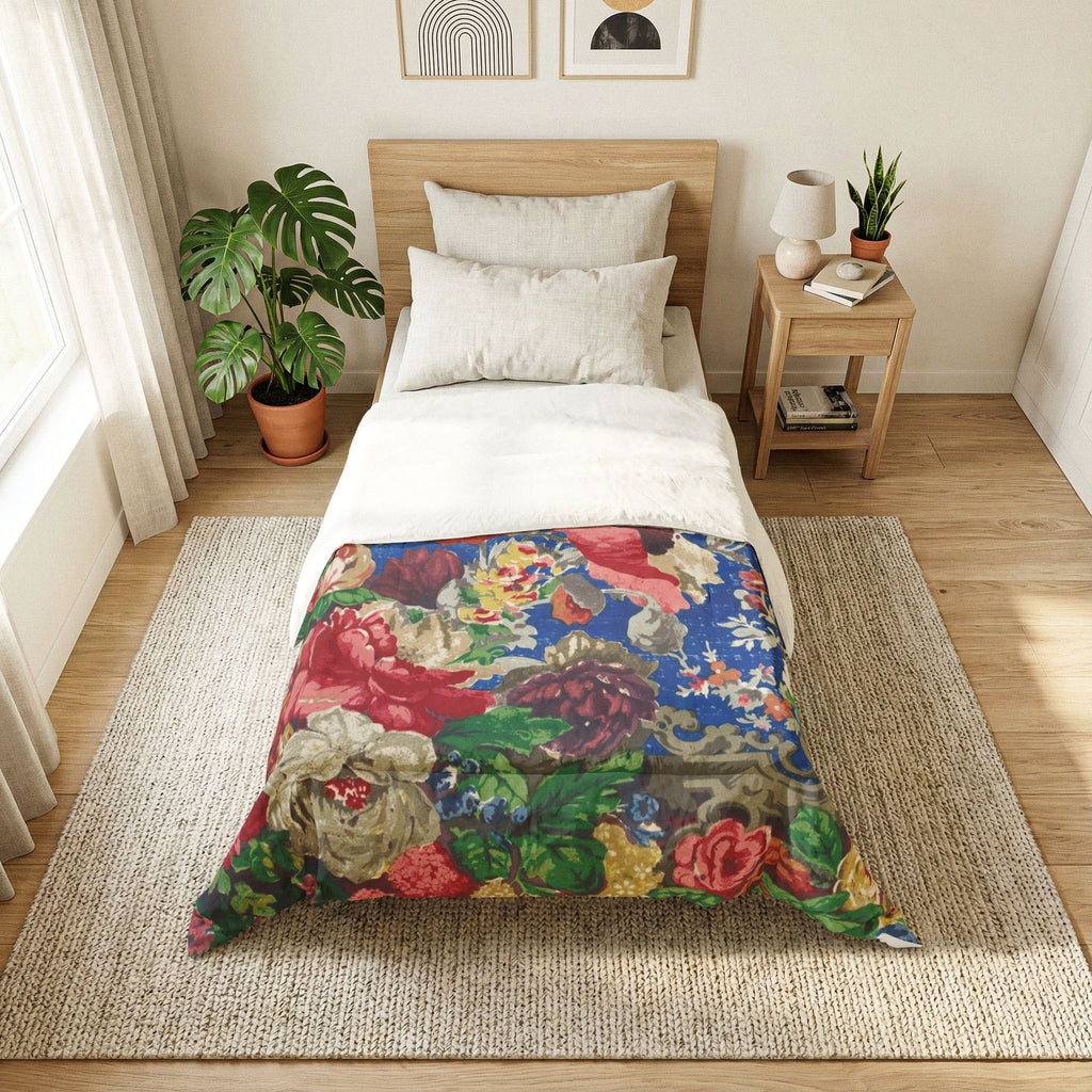 Vintage Floral Cotton Comforter - Bold Rose Bouquet Blue Bedspread