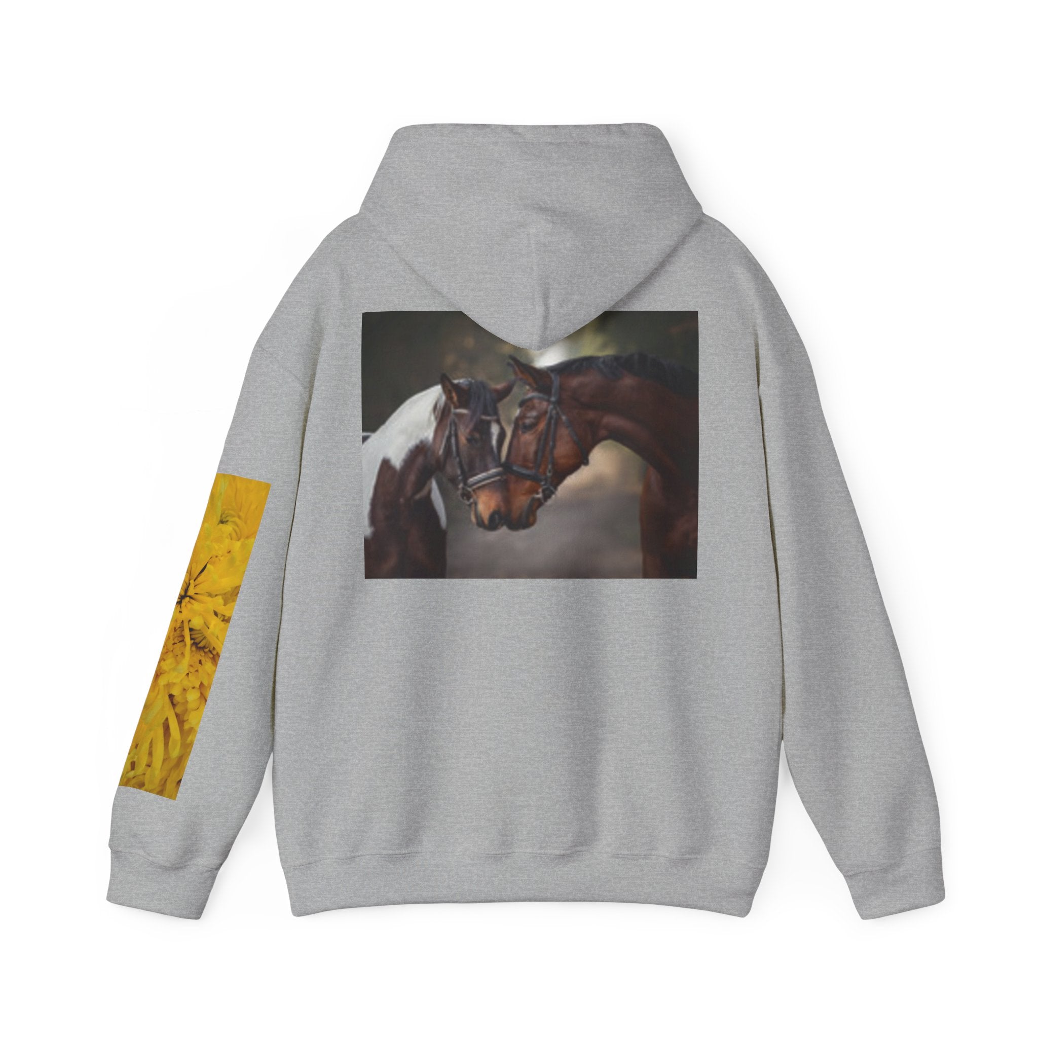 Sunrise Meadow & Horse Graphic Hoodie — Scenic Sunset Landscape and Saddled Horse Print