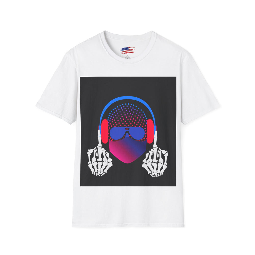 Unisex Softstyle T-Shirt Man wearing earphones skeleton shooting the bird