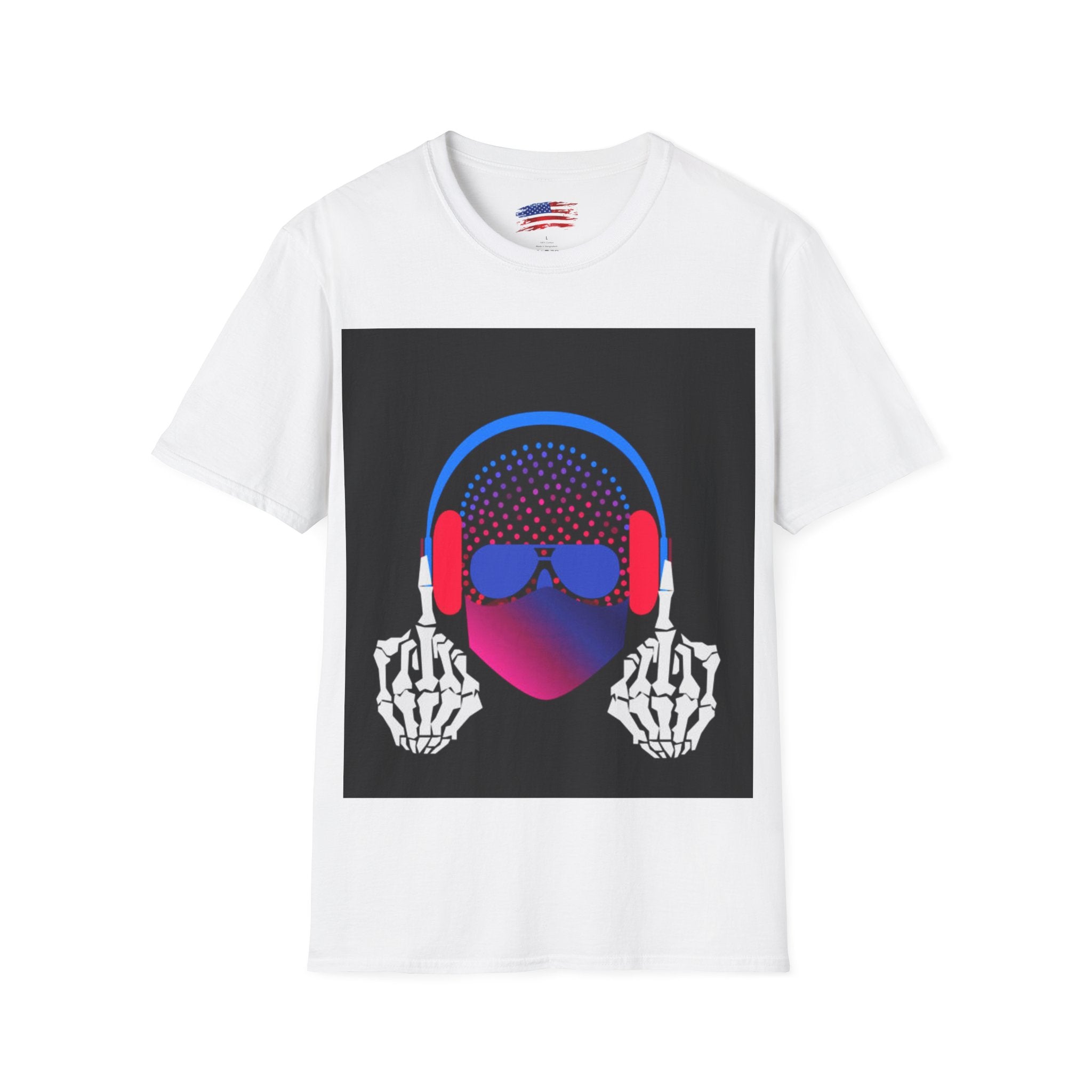 Unisex Softstyle T-Shirt Man wearing earphones skeleton shooting the bird