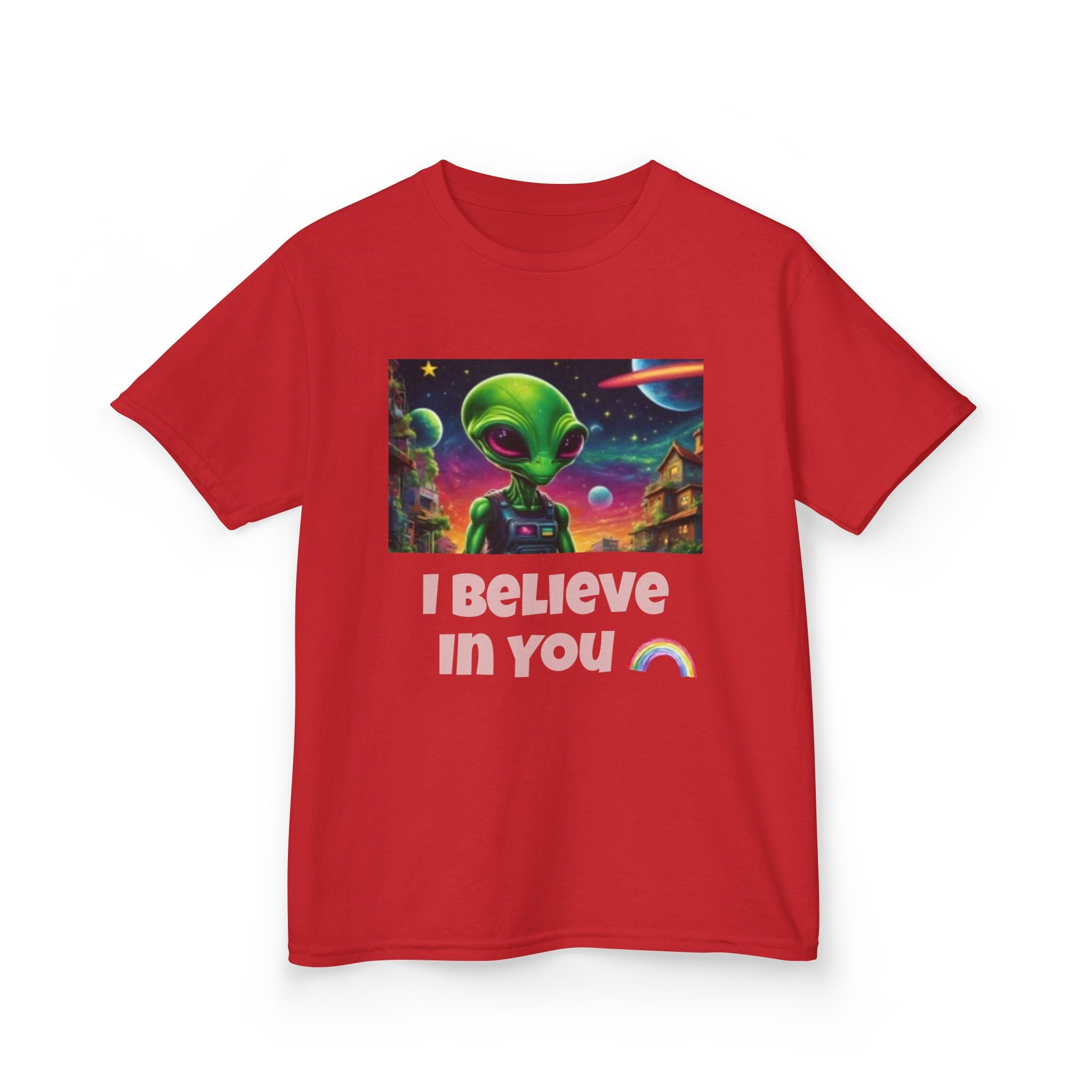 Kids Alien Space I Believe in You T-shirt — Colorful Extraterrestrial Galaxy Shirt