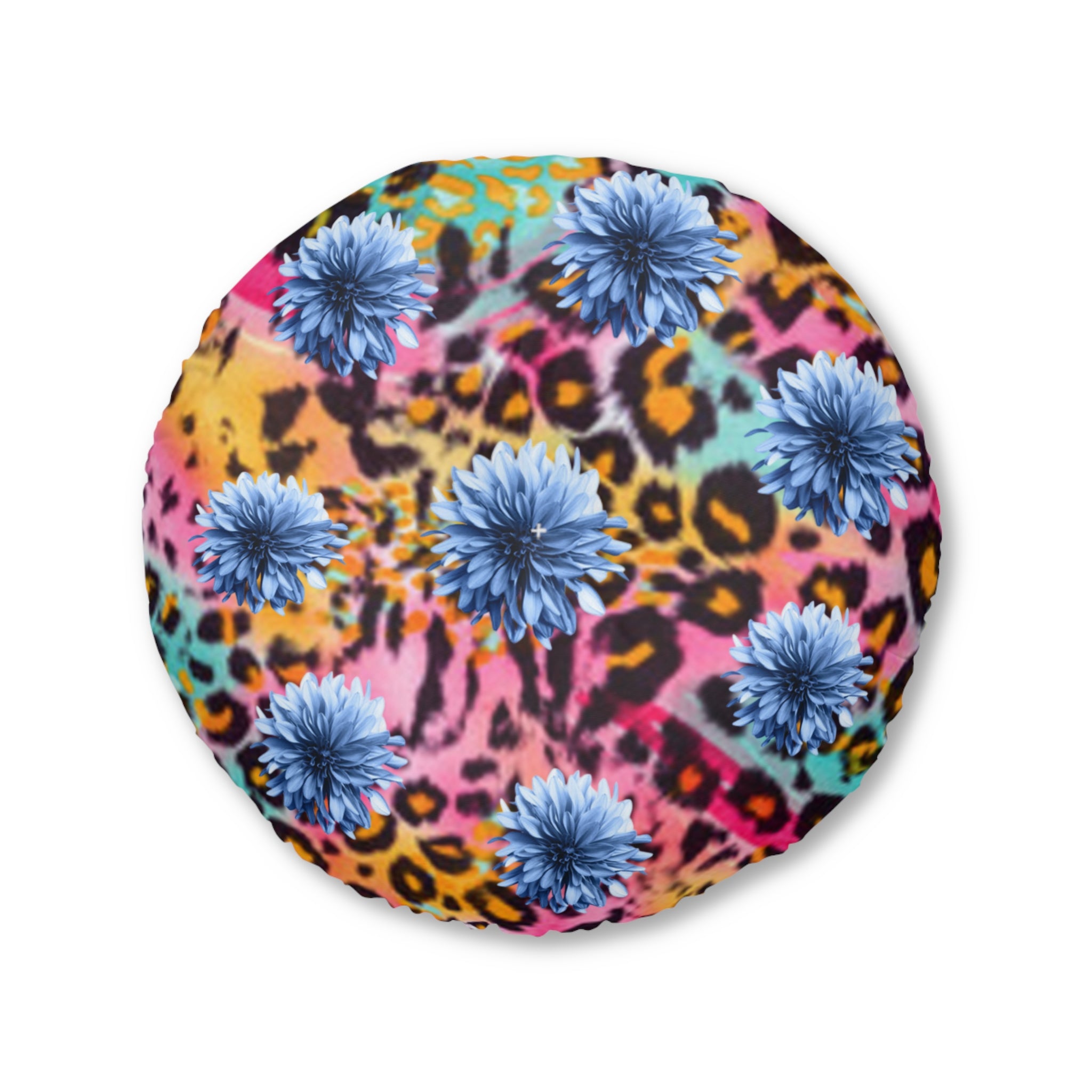 Boho Floral Round Floor Pillow — Vibrant Leopard & Blue Chrysanthemum Tufted Cushion