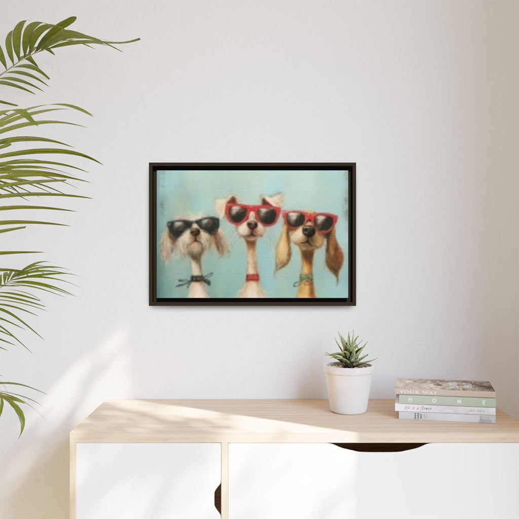 Framed Matte Canvas — Three Cool Dogs in Sunglasses Wall Art