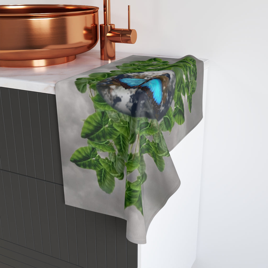 Earth Blue Butterfly & Earth Facts and Green Leaves Hand Towel