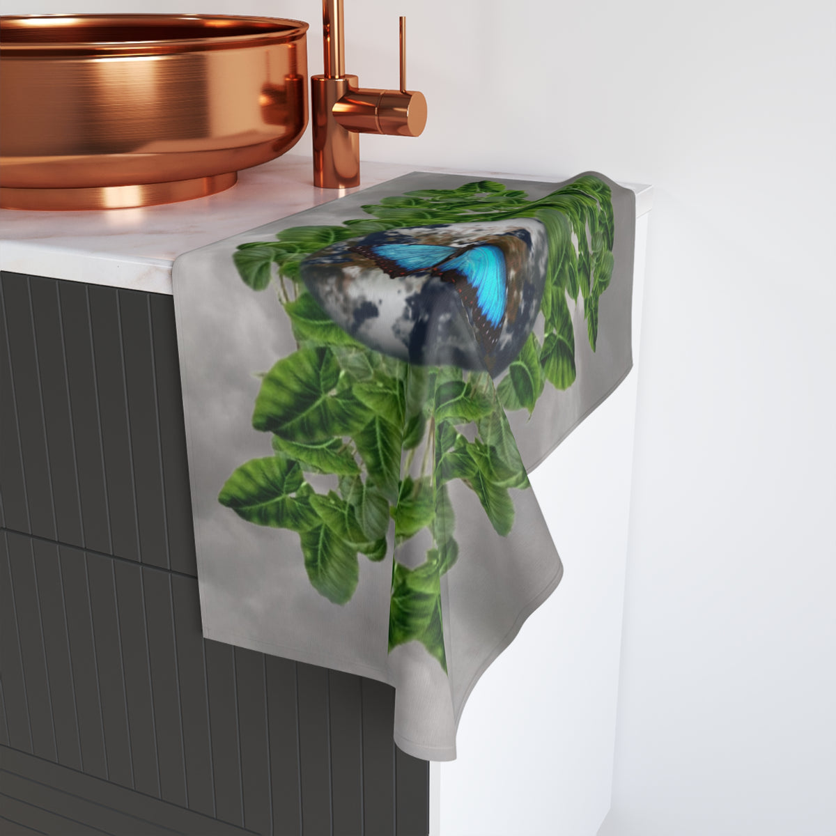 Earth Blue Butterfly & Earth Facts and Green Leaves Hand Towel
