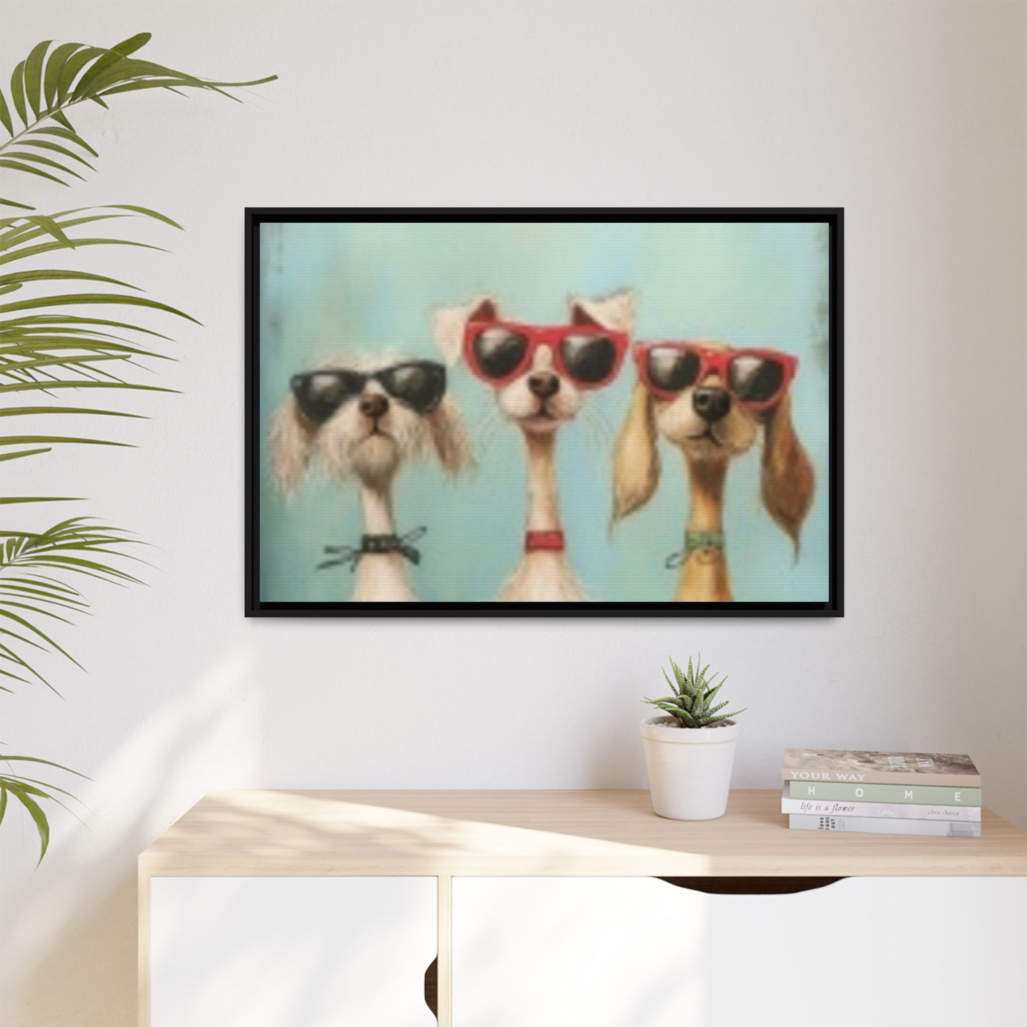 Framed Matte Canvas — Three Cool Dogs in Sunglasses Wall Art