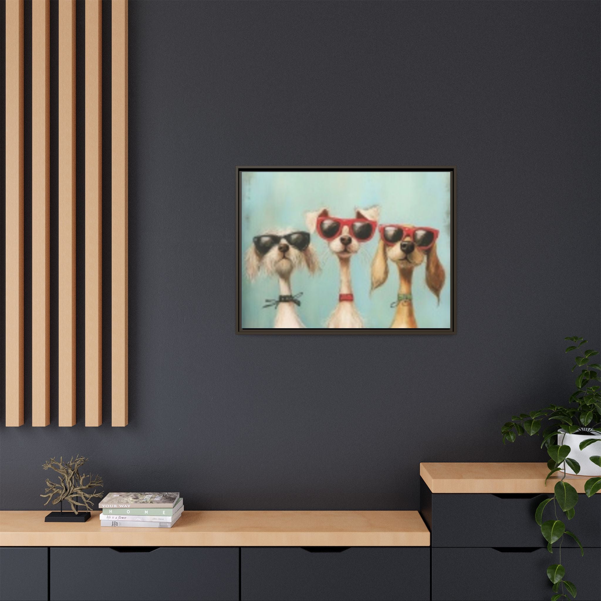 Framed Matte Canvas — Three Cool Dogs in Sunglasses Wall Art