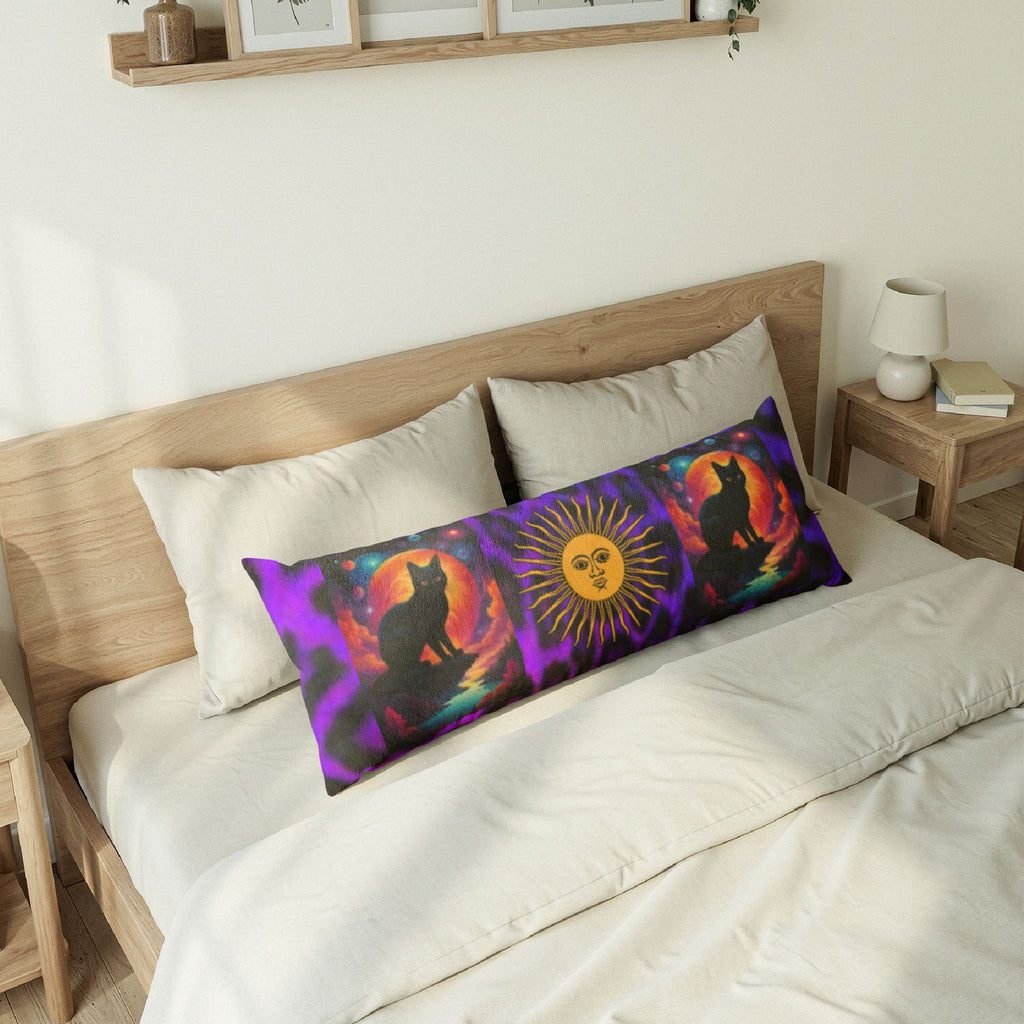 Mystic Cat Sun Body Pillow — Celestial Purple Leopard Print