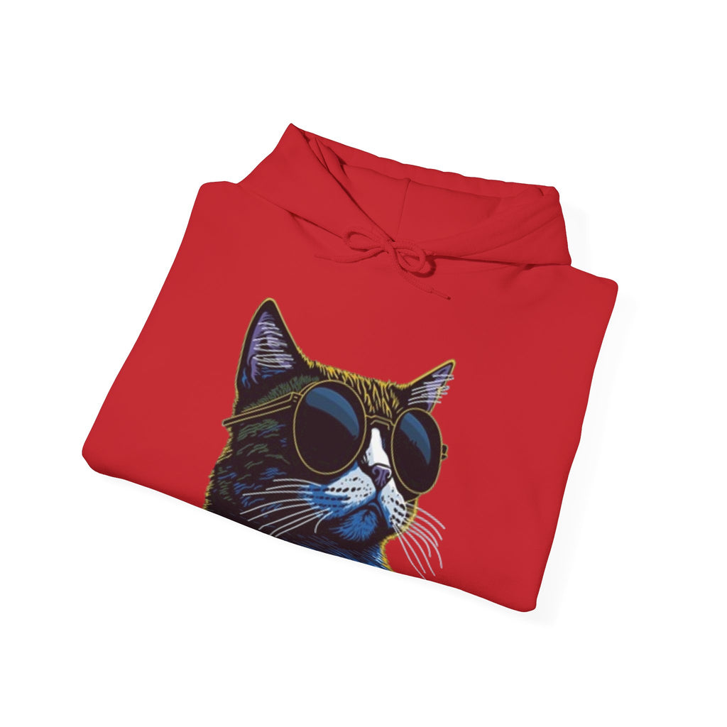 Cat Graphic Hoodie - Retro Sunglasses Cat Front & Colorful Cat Pattern Back Sweatshirt