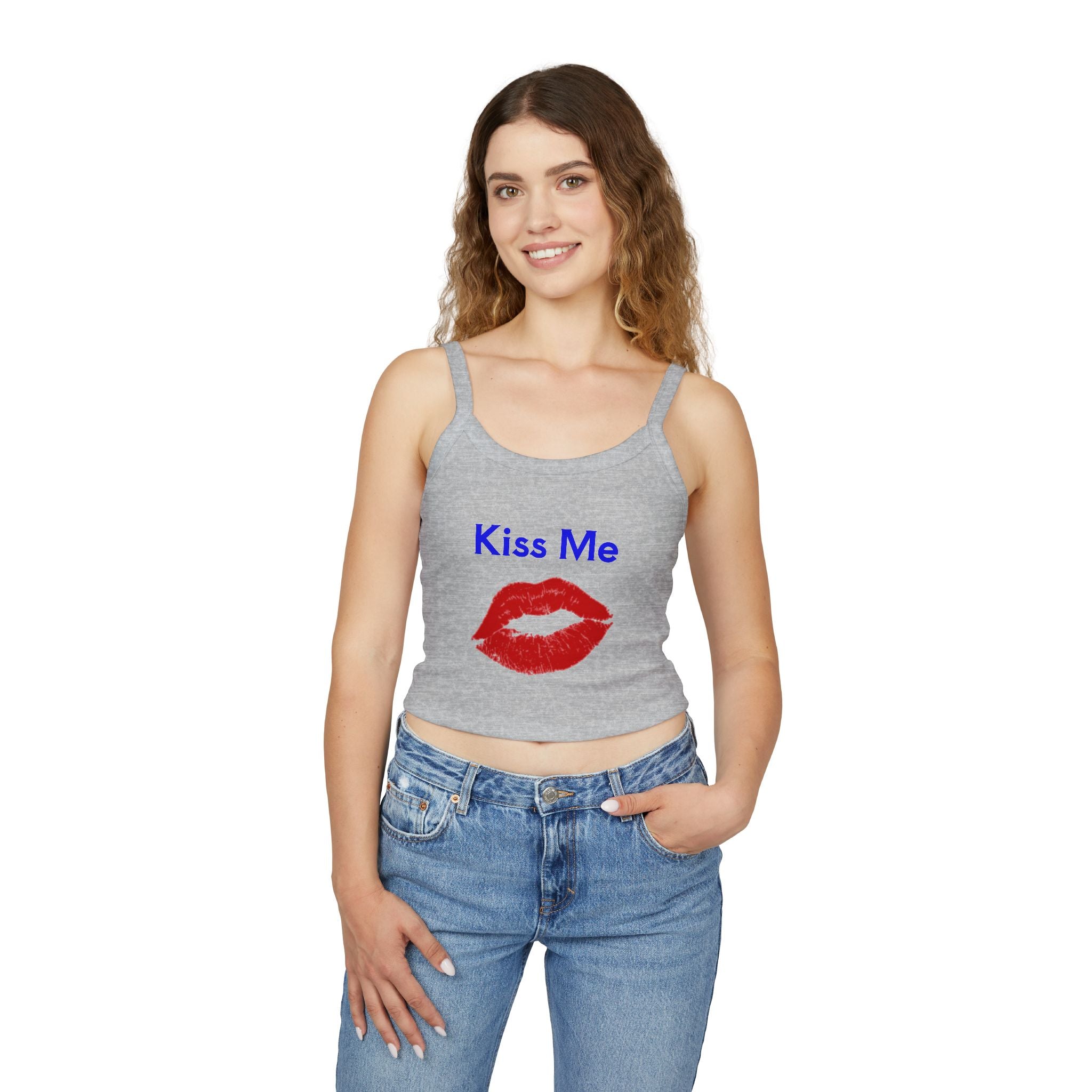 Kiss Me Lip Print Tank Top — Women's Spaghetti Strap Crop