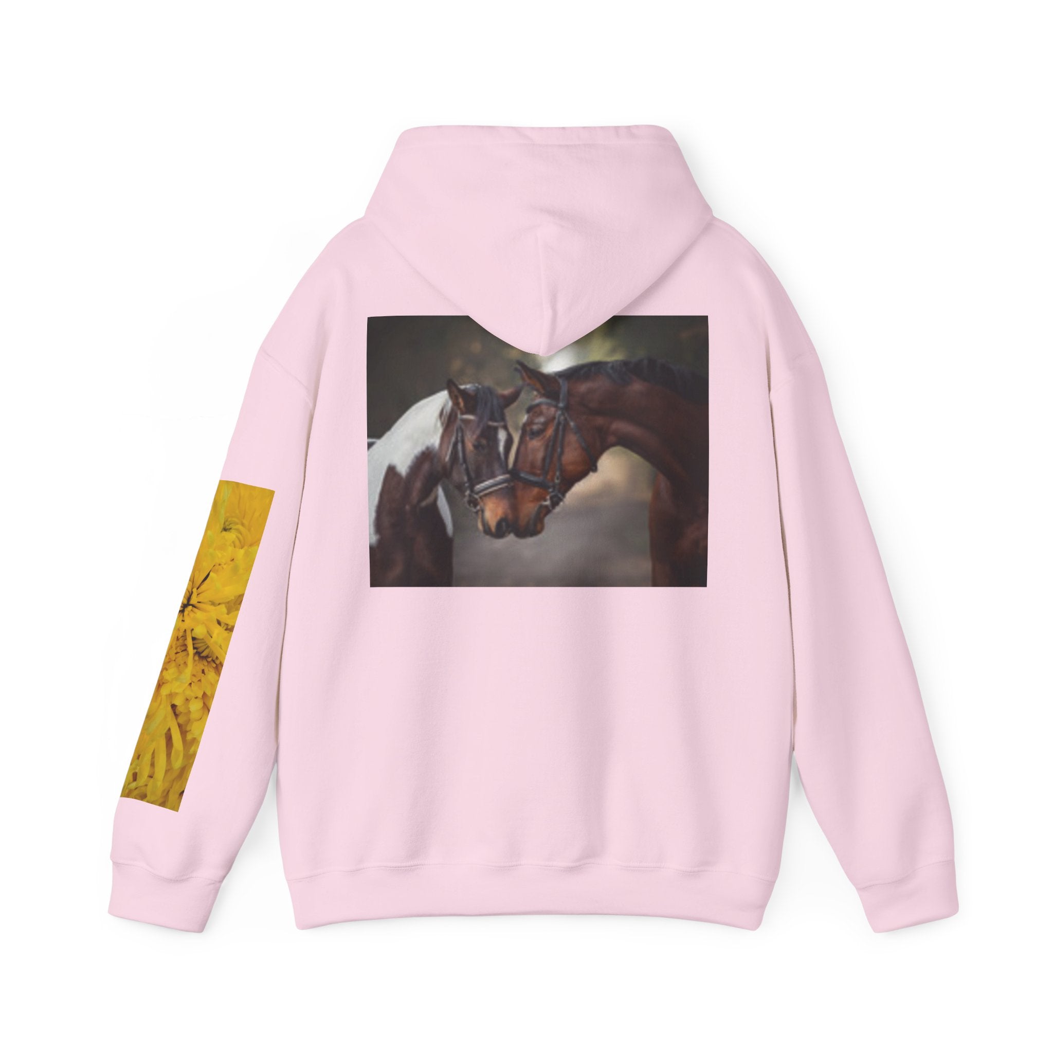 Sunrise Meadow & Horse Graphic Hoodie — Scenic Sunset Landscape and Saddled Horse Print