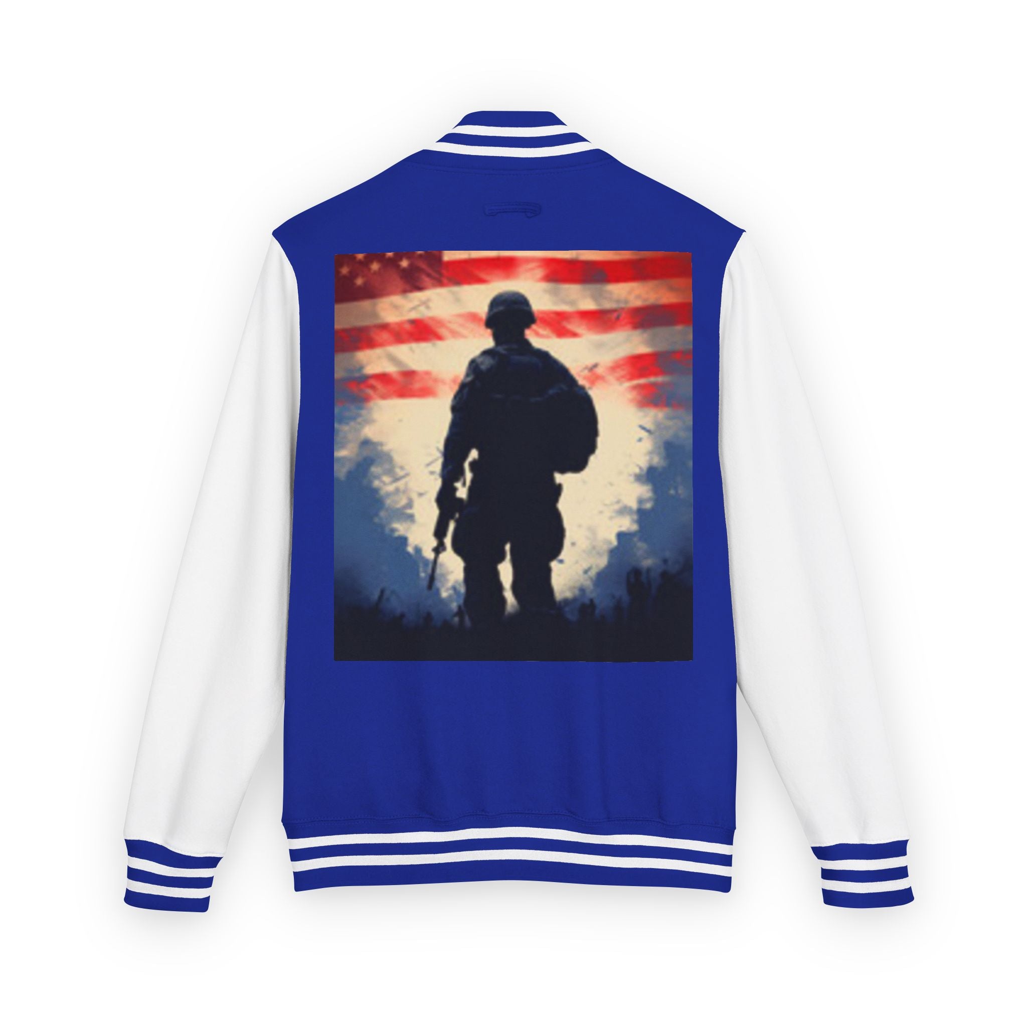 Veteran Tribute Letterman Jacket - American Flag Soldier Graphic