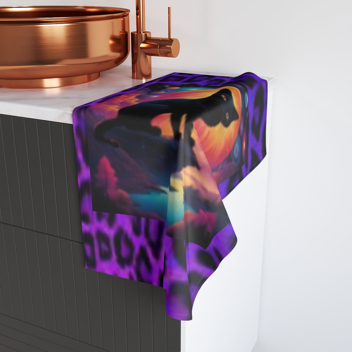 Mystic Black Cat Hand Towel — Purple Leopard Moonlight Design