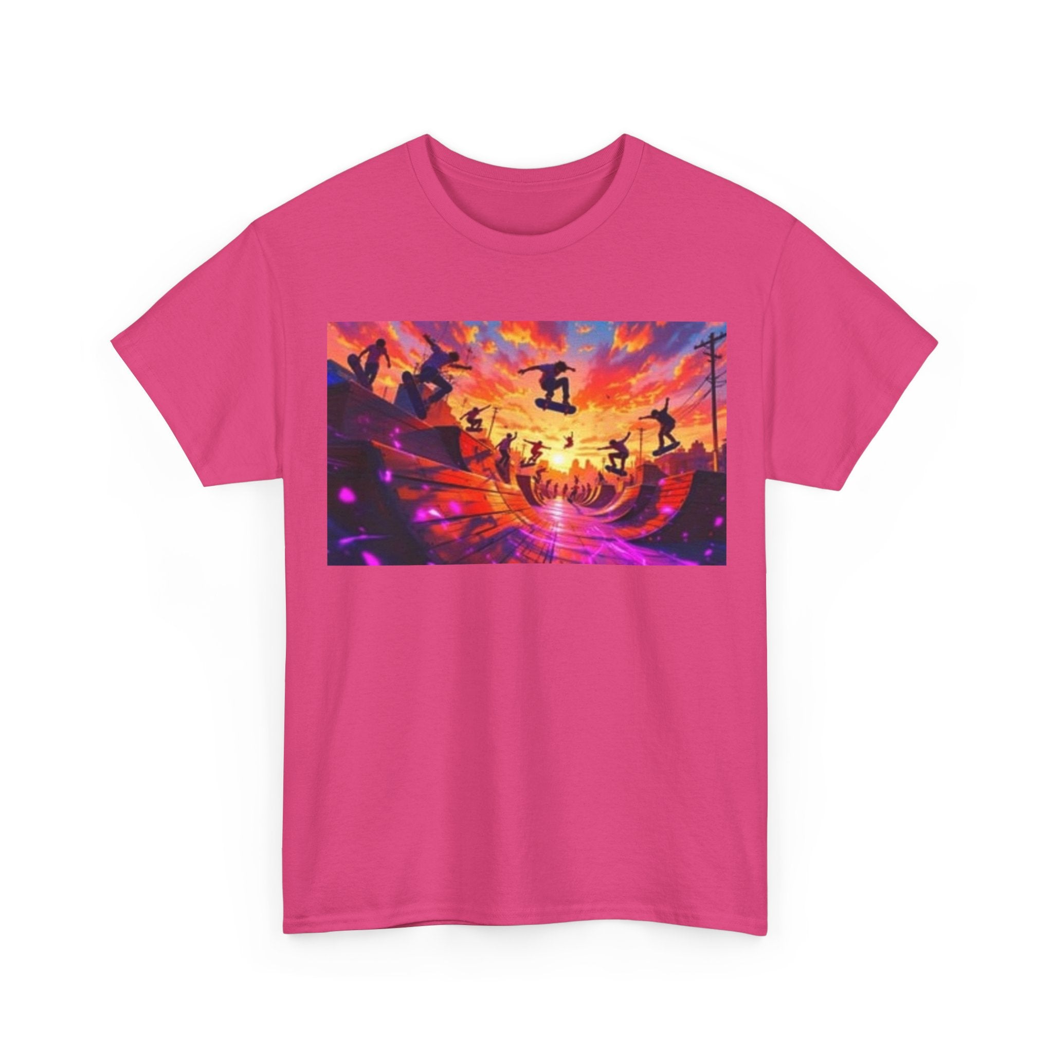 Skate Sunset Graphic Tee — Vibrant Skateboarding Sunset Scene Shirt