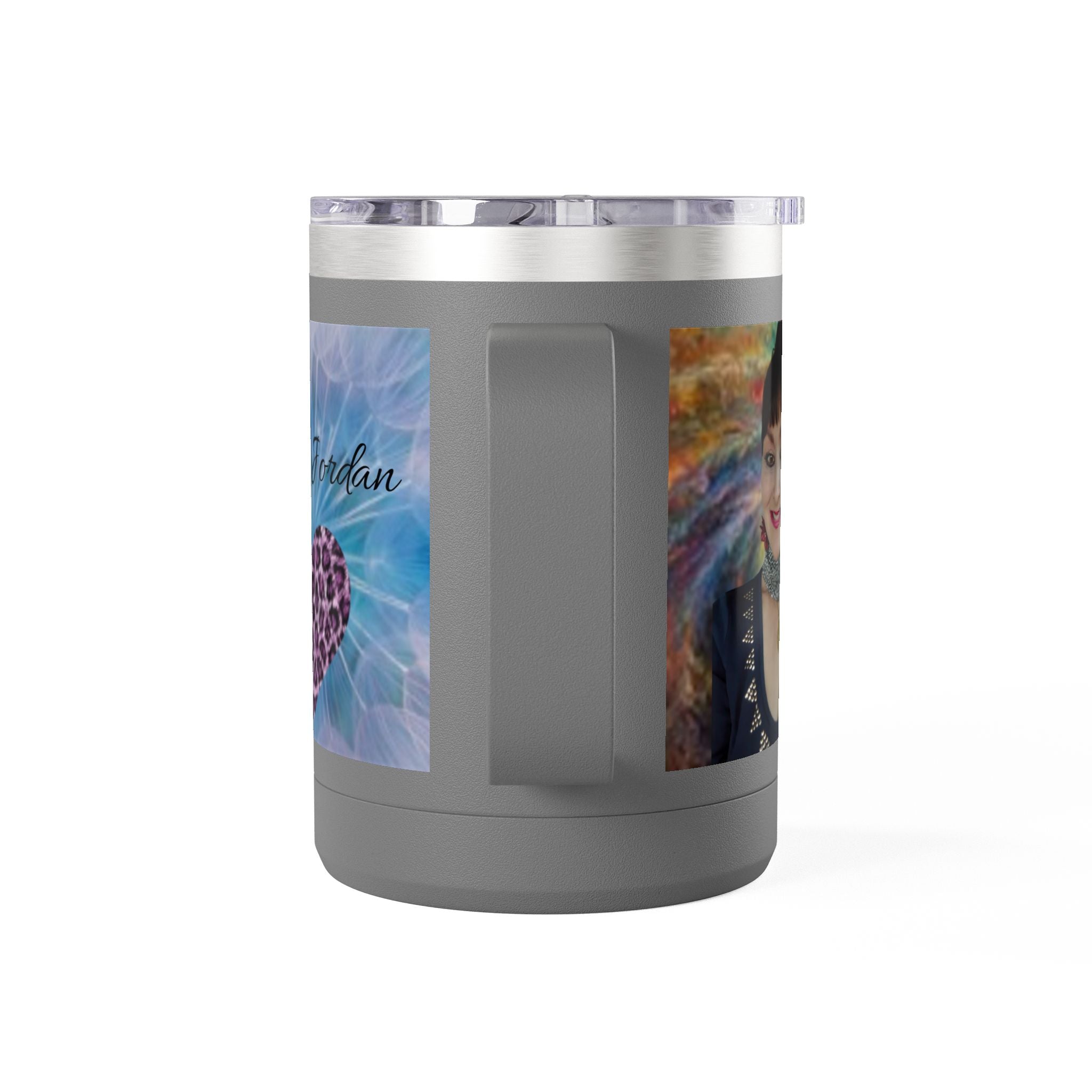 Mary Jordan Custom 15oz Travel Mug Tumbler — Personalized 'Enter text' Blue Floral Design & Heart