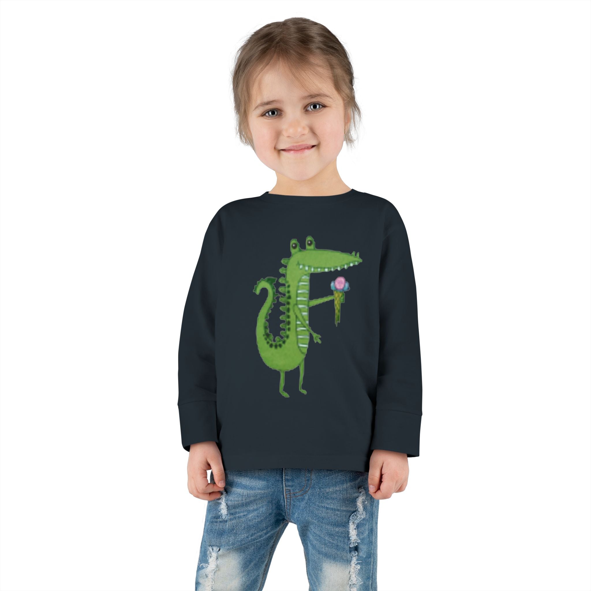 Cute Crocodile Eating Ice Cream Toddler Long Sleeve Tee