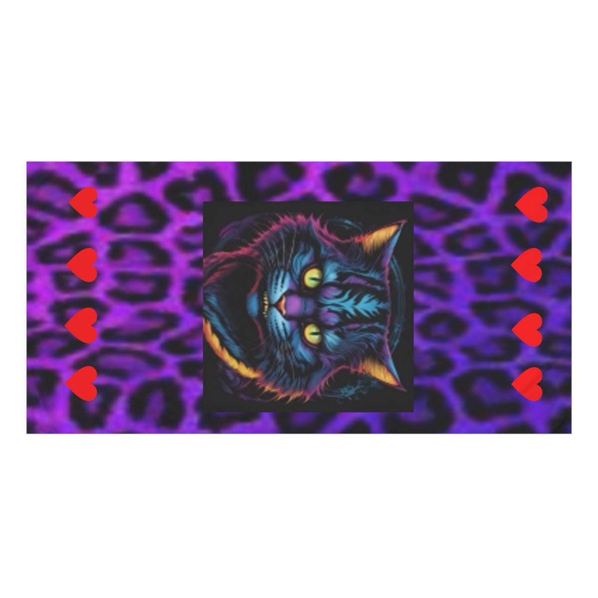 Neon Tiger Cat Beach Towel – Purple Leopard Print with Red Hearts
