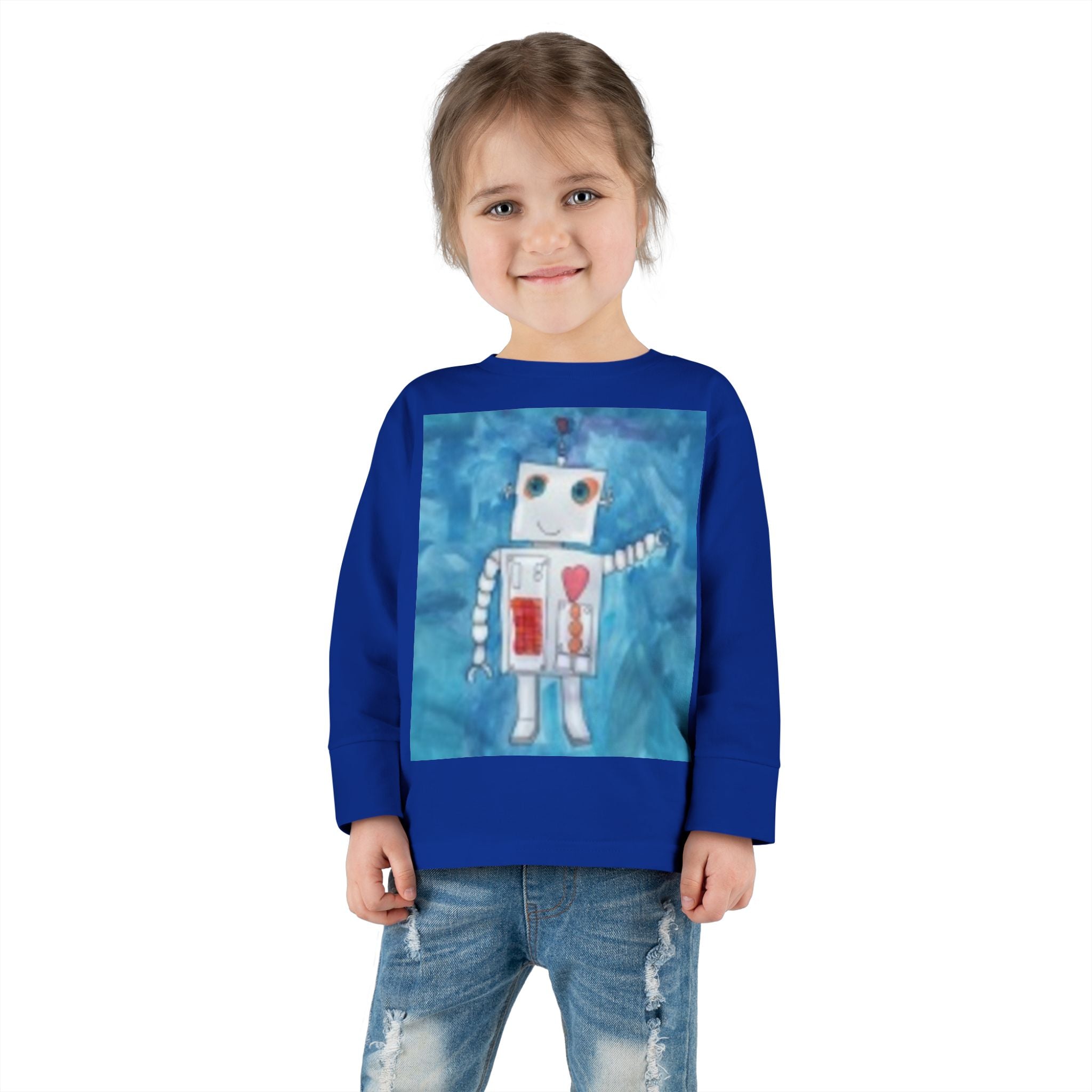 Toddler Long Sleeve Tee — Playful Robot & Colorful Sunrise Graphic Shirt