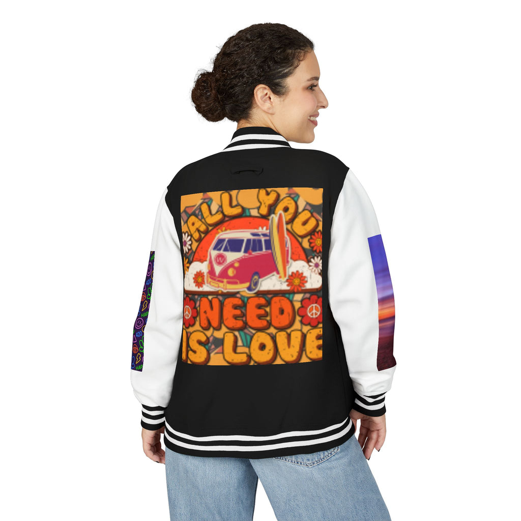 Letterman Jacket — Retro 'All You Need Is Love' Hippie Van & Cannabis Leaf Design