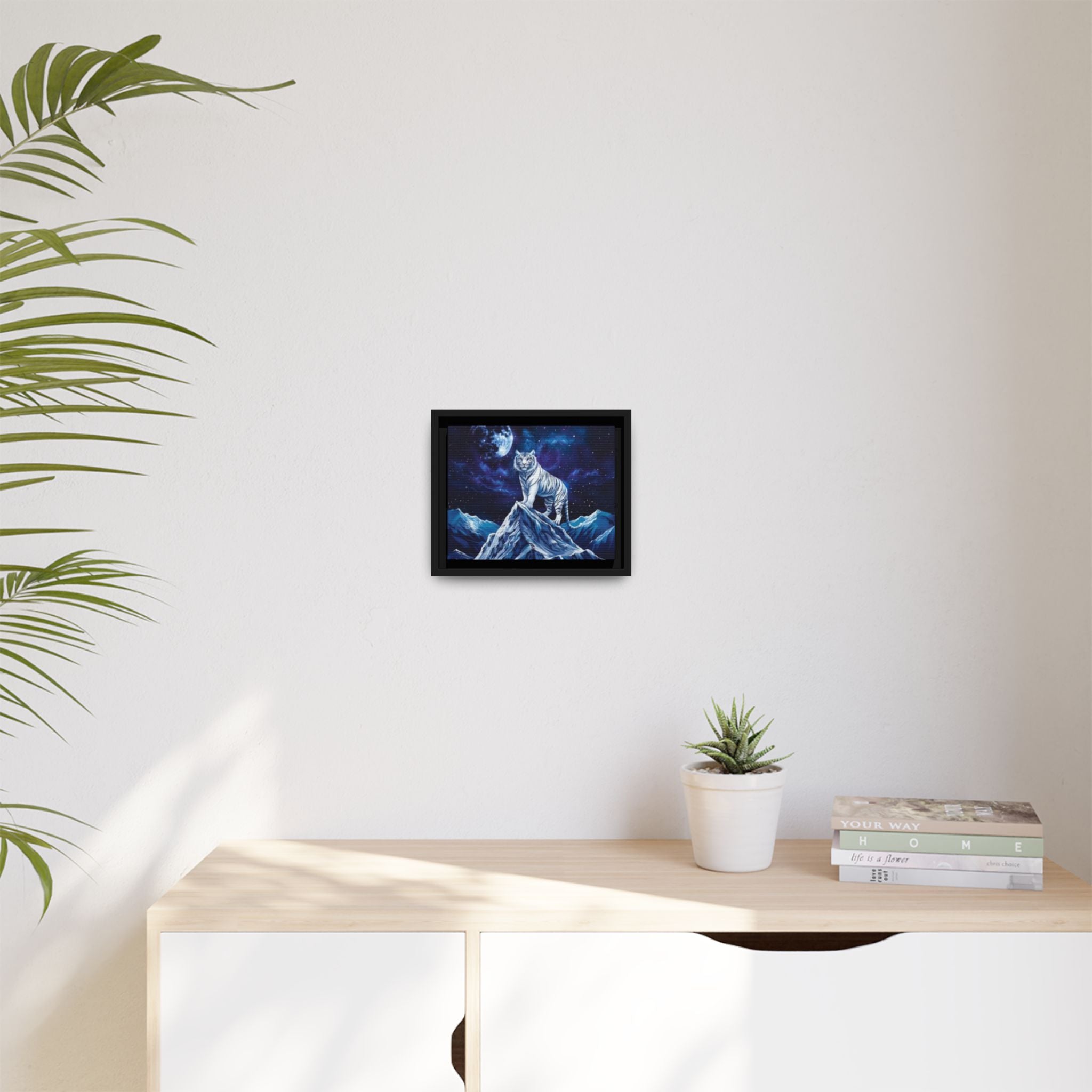 Framed Matte Canvas - White Tiger on Moonlit Mountain