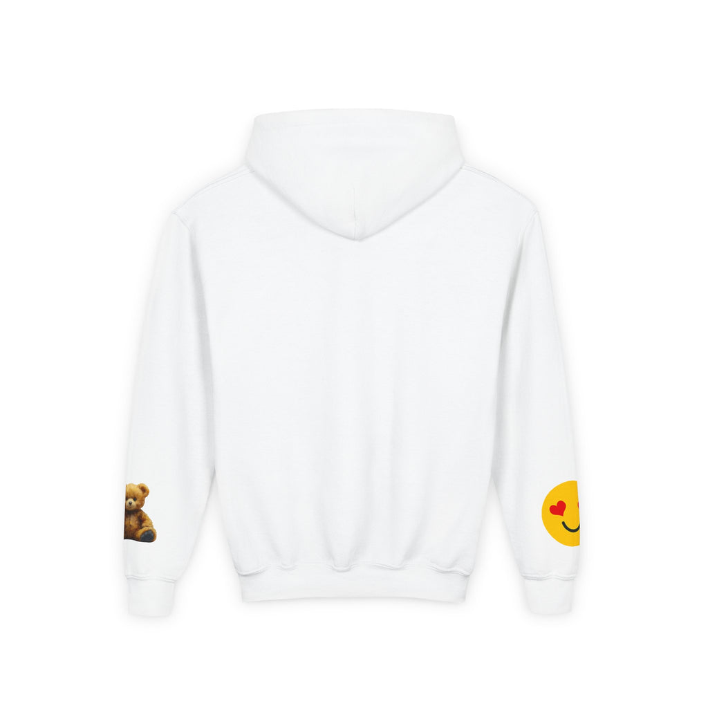 Youth Hoodie with Teddy Bear & Heart-Eyes Emoji Sleeve Accents