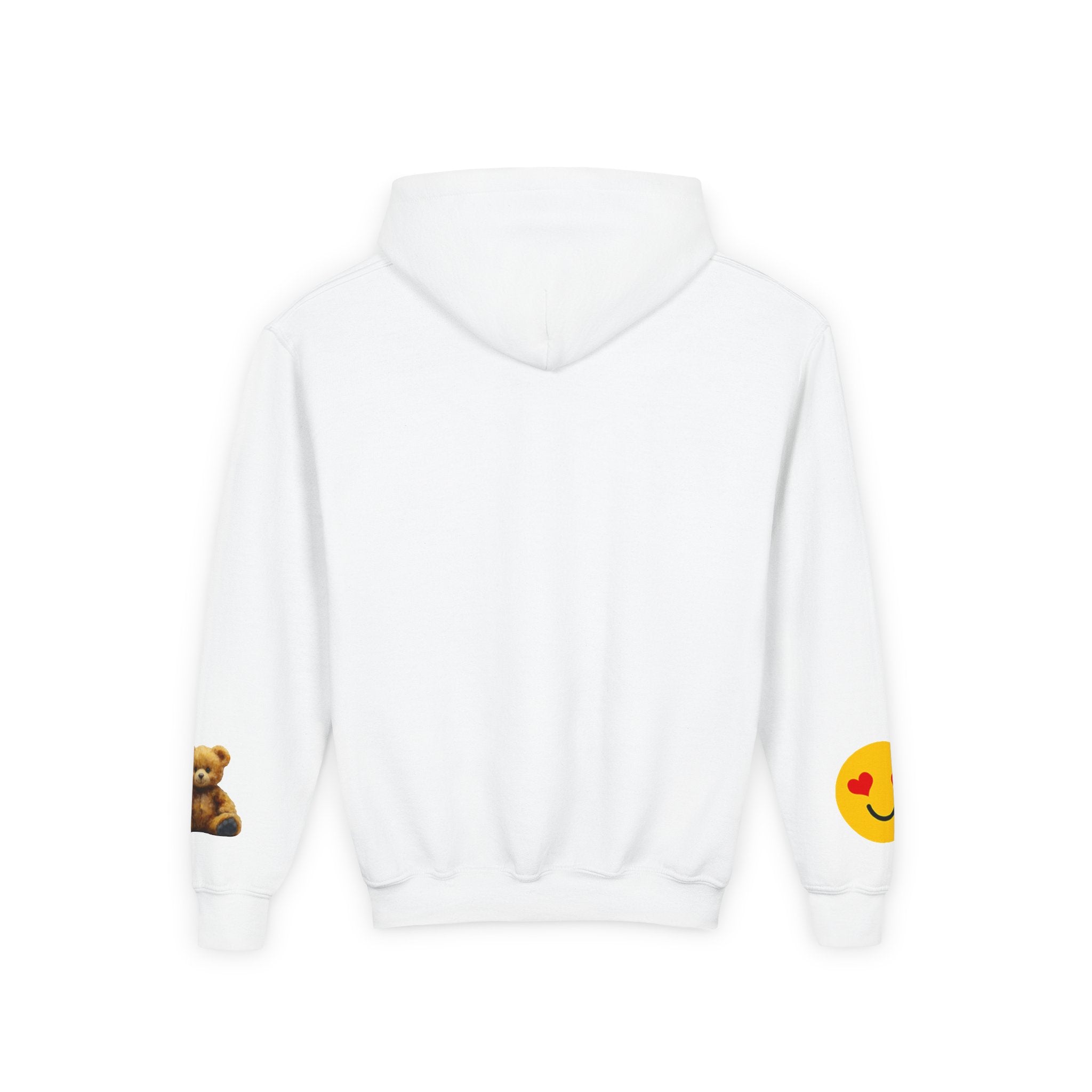 Youth Hoodie with Teddy Bear & Heart-Eyes Emoji Sleeve Accents