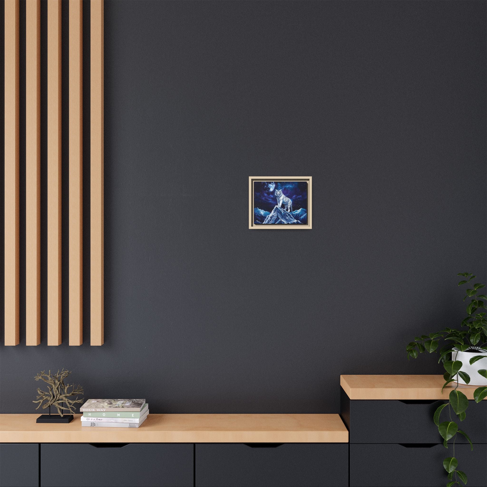 Framed Matte Canvas - White Tiger on Moonlit Mountain